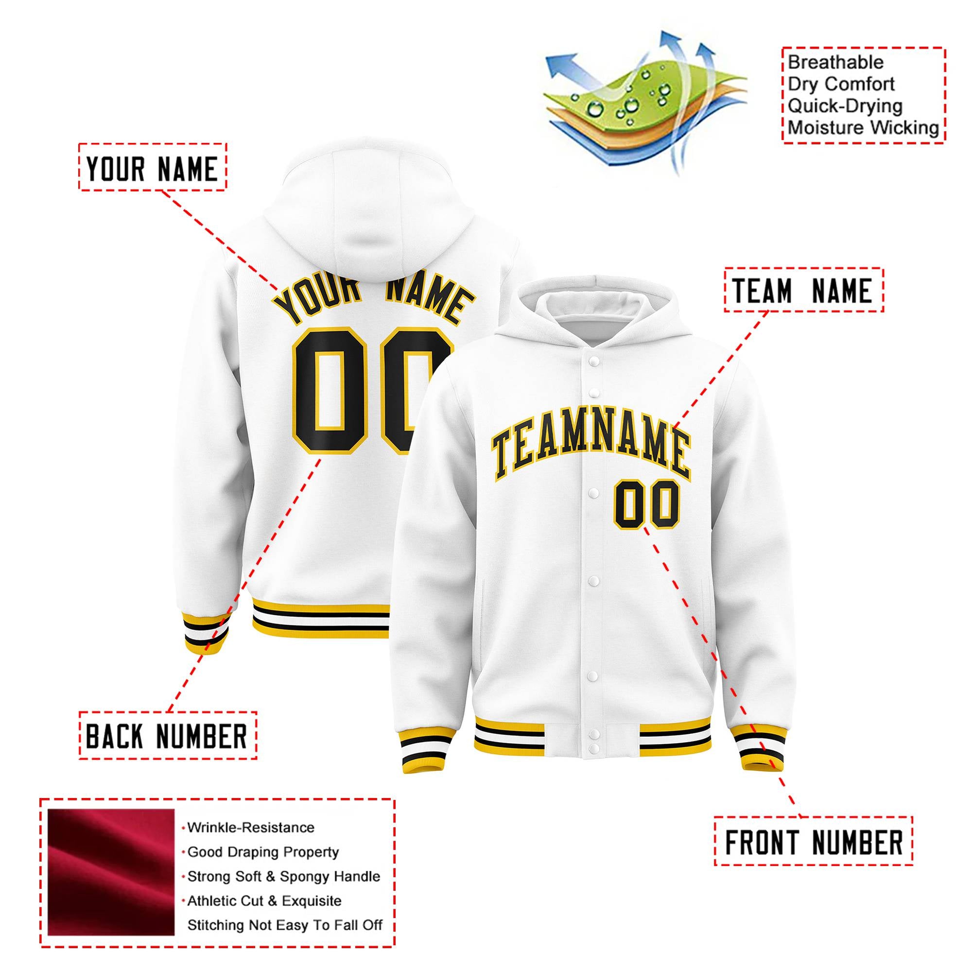 Custom White Black-Gold Varsity Full-Snap Letterman Classic Hoodie Jacket