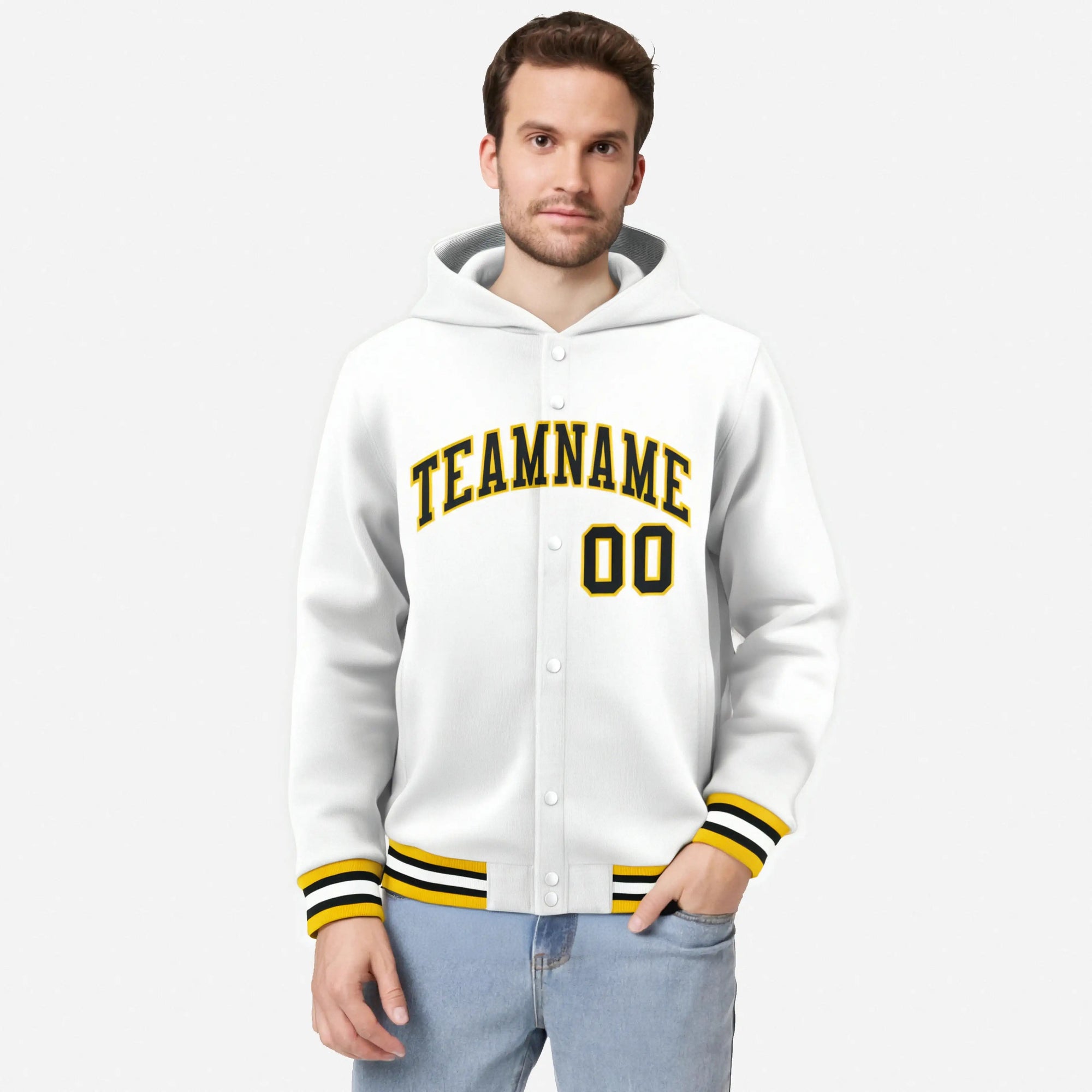 Custom White Black-Gold Varsity Full-Snap Letterman Classic Hoodie Jacket