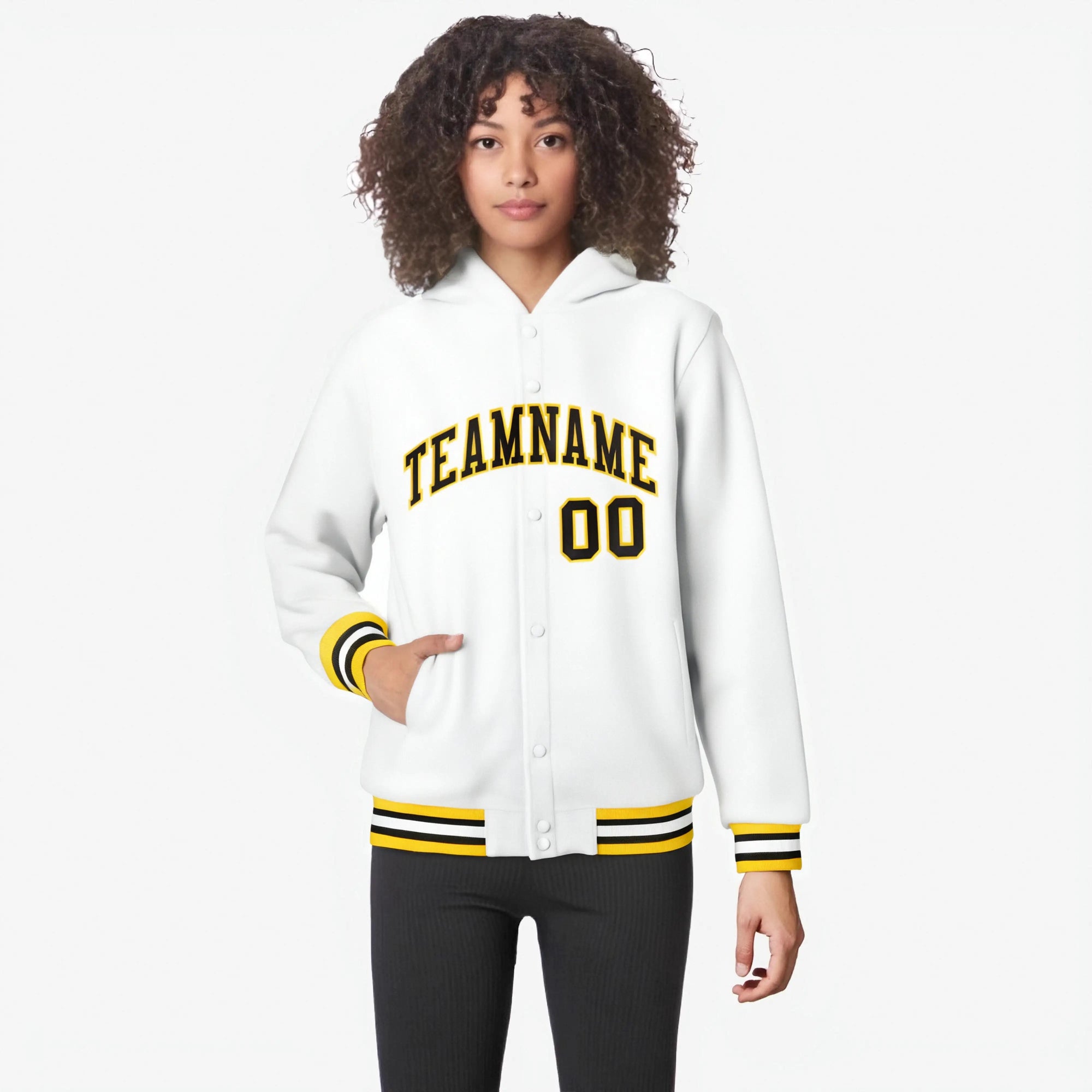 Custom White Black-Gold Varsity Full-Snap Letterman Classic Hoodie Jacket