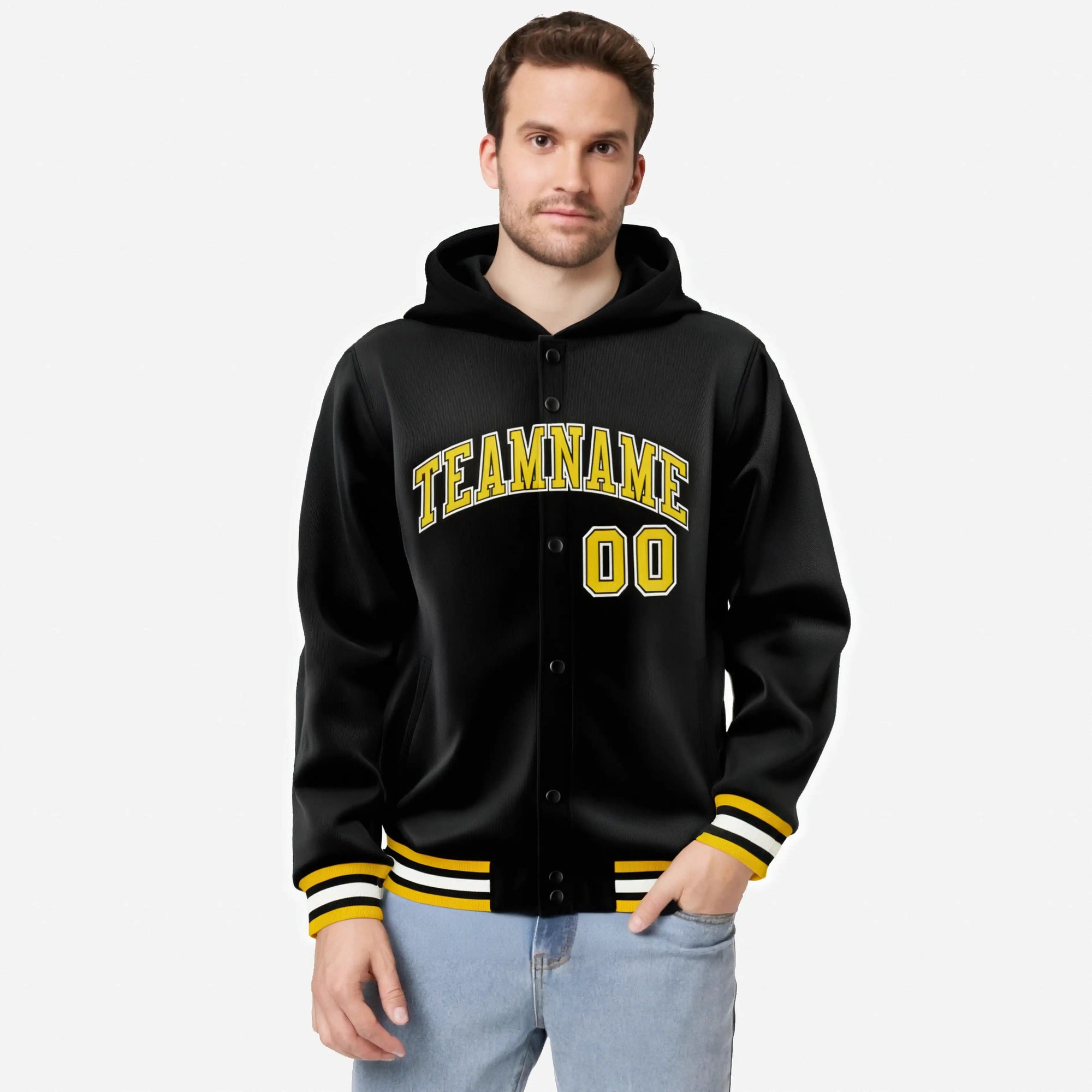 Custom Black Gold-Black Varsity Full-Snap Letterman Classic Hoodie Jacket