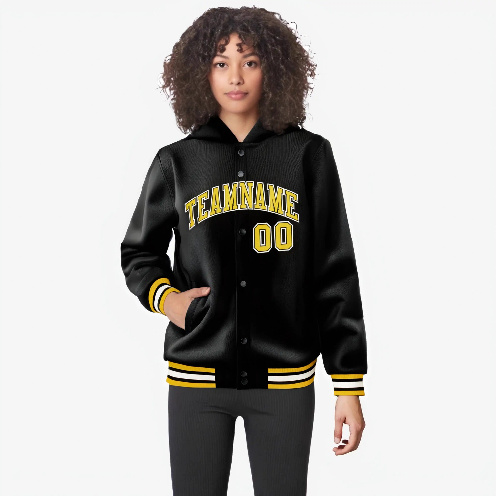 Custom Black Gold-Black Varsity Full-Snap Letterman Classic Hoodie Jacket