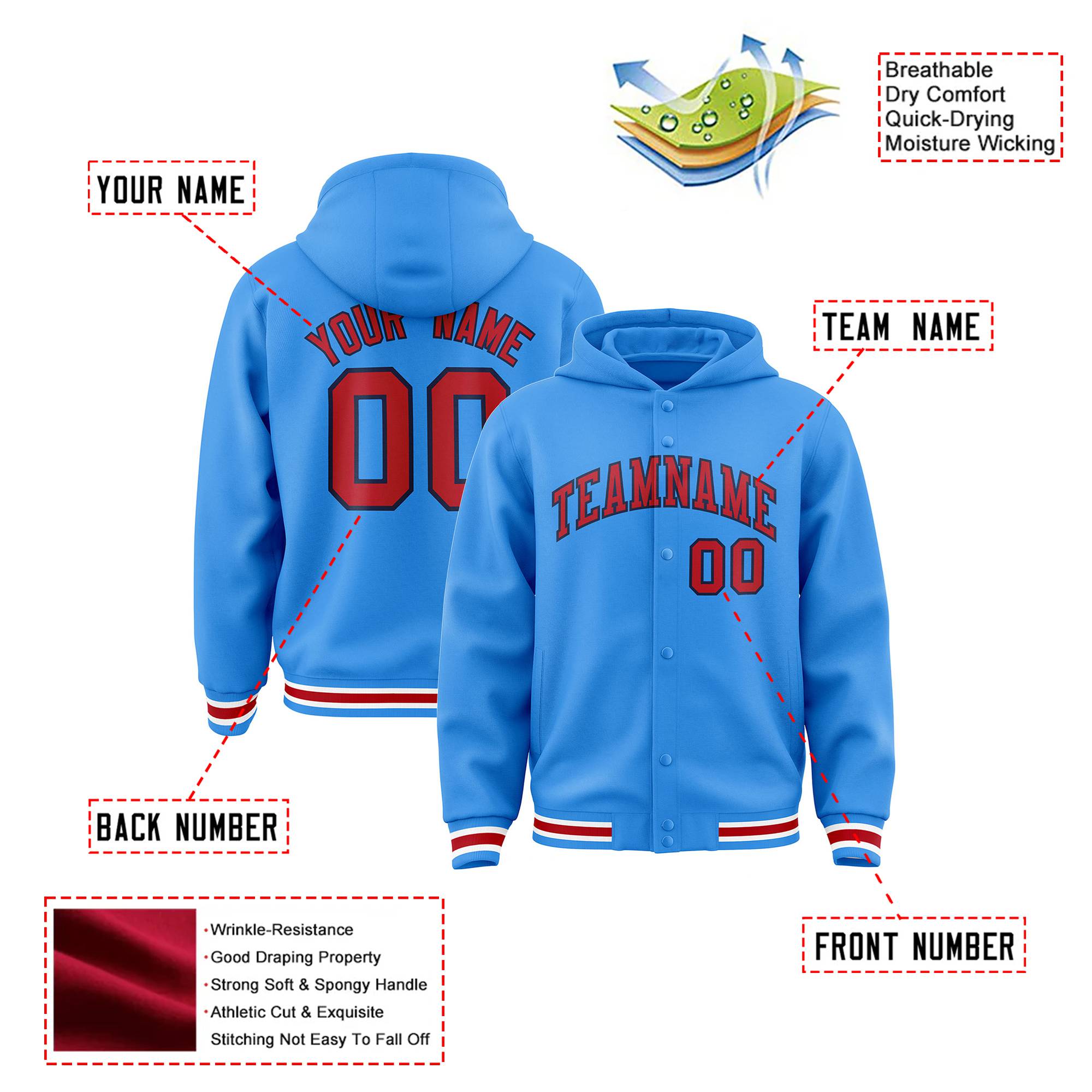 Custom Powder Blue Red-Navy Varsity Full-Snap Letterman Classic Hoodie Jacket