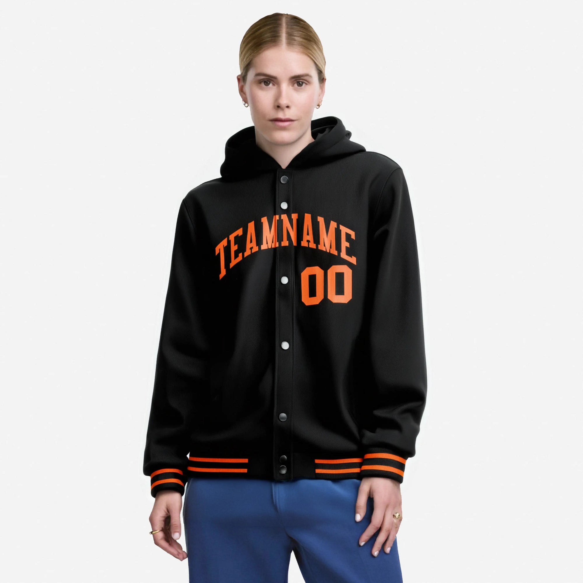 Custom Black Orange-Black Varsity Full-Snap Letterman Classic Hoodie Jacket