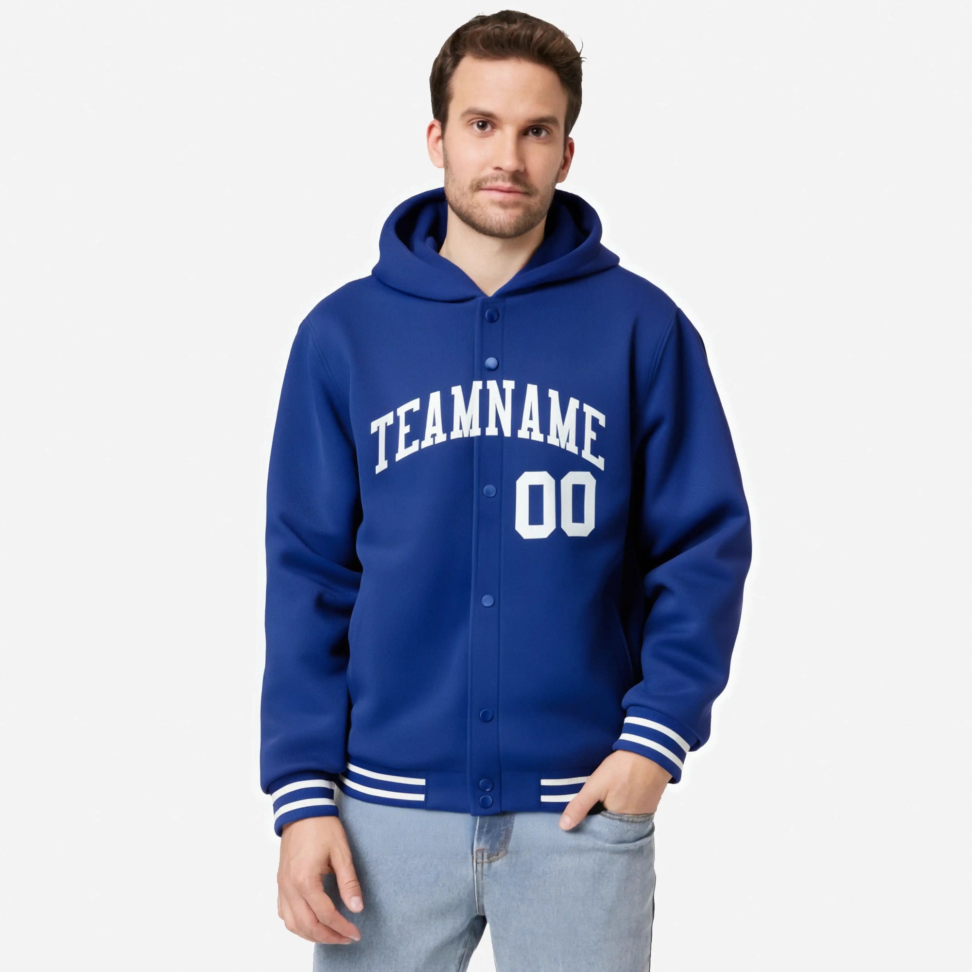 Custom Royal Blue White Varsity Full-Snap Letterman Classic Hoodie Jacket