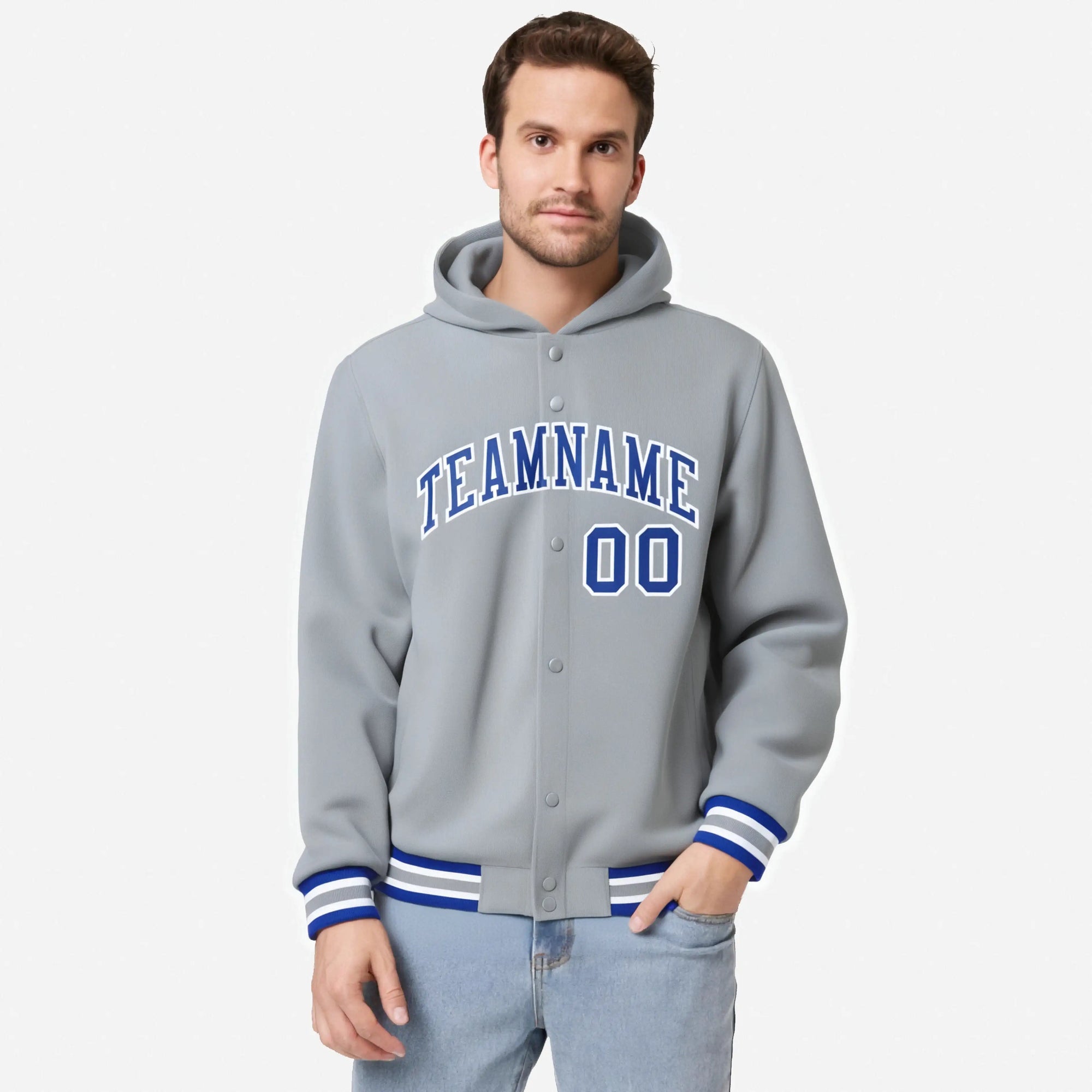 Custom Gray Royal Blue-White Varsity Full-Snap Letterman Classic Hoodie Jacket