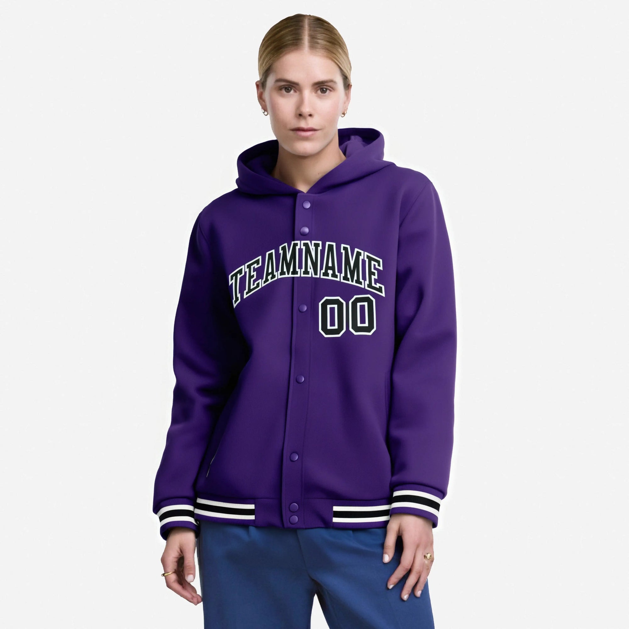 Custom Purple Black-White Varsity Full-Snap Letterman Classic Hoodie Jacket