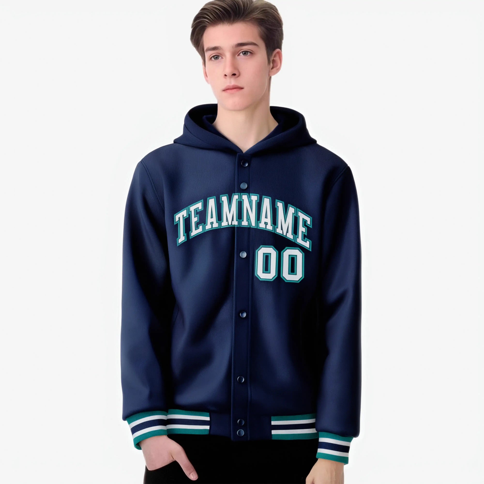 Custom Navy Gray-Aqua Varsity Full-Snap Letterman Classic Hoodie Jacket