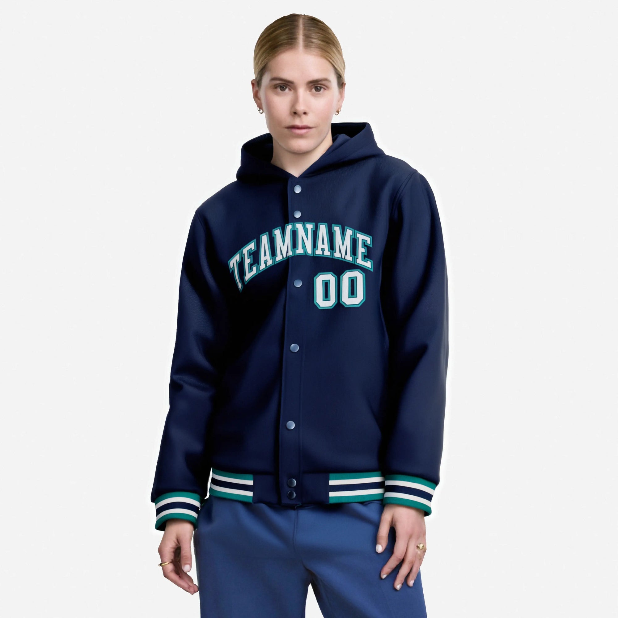 Custom Navy Gray-Aqua Varsity Full-Snap Letterman Classic Hoodie Jacket