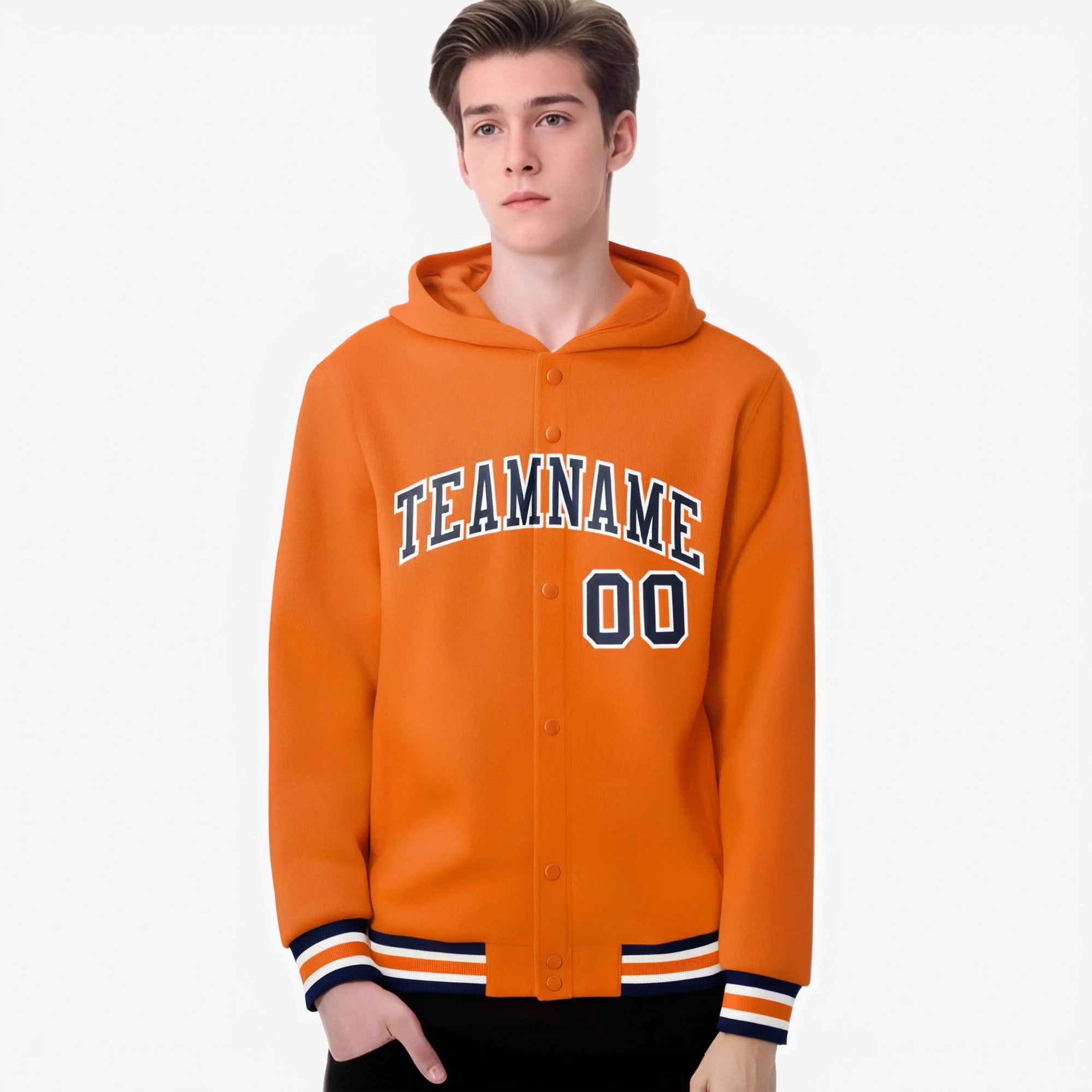 Custom Orange Navy-White Varsity Full-Snap Letterman Classic Hoodie Jacket