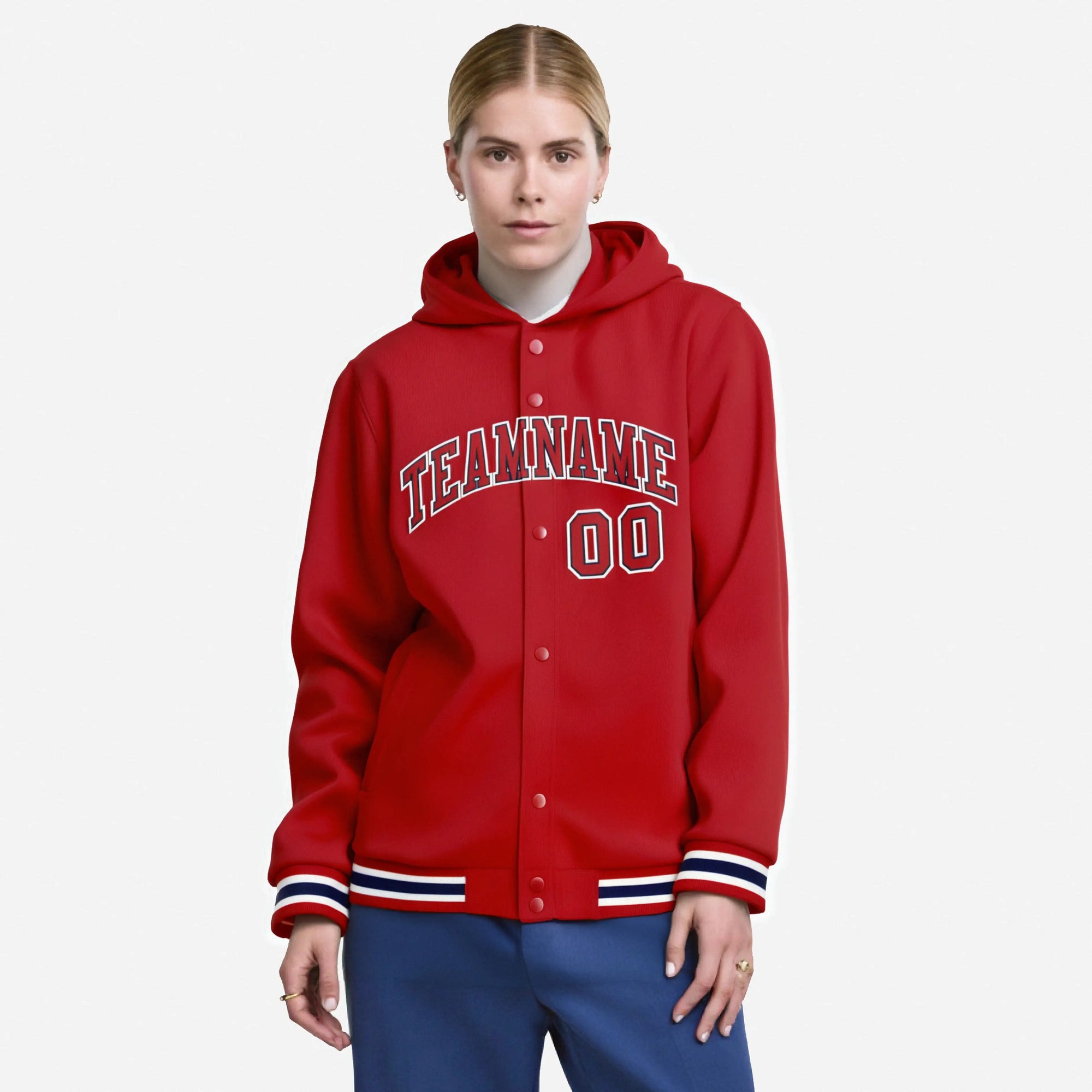 Custom Red White Varsity Full-Snap Letterman Classic Hoodie Jacket