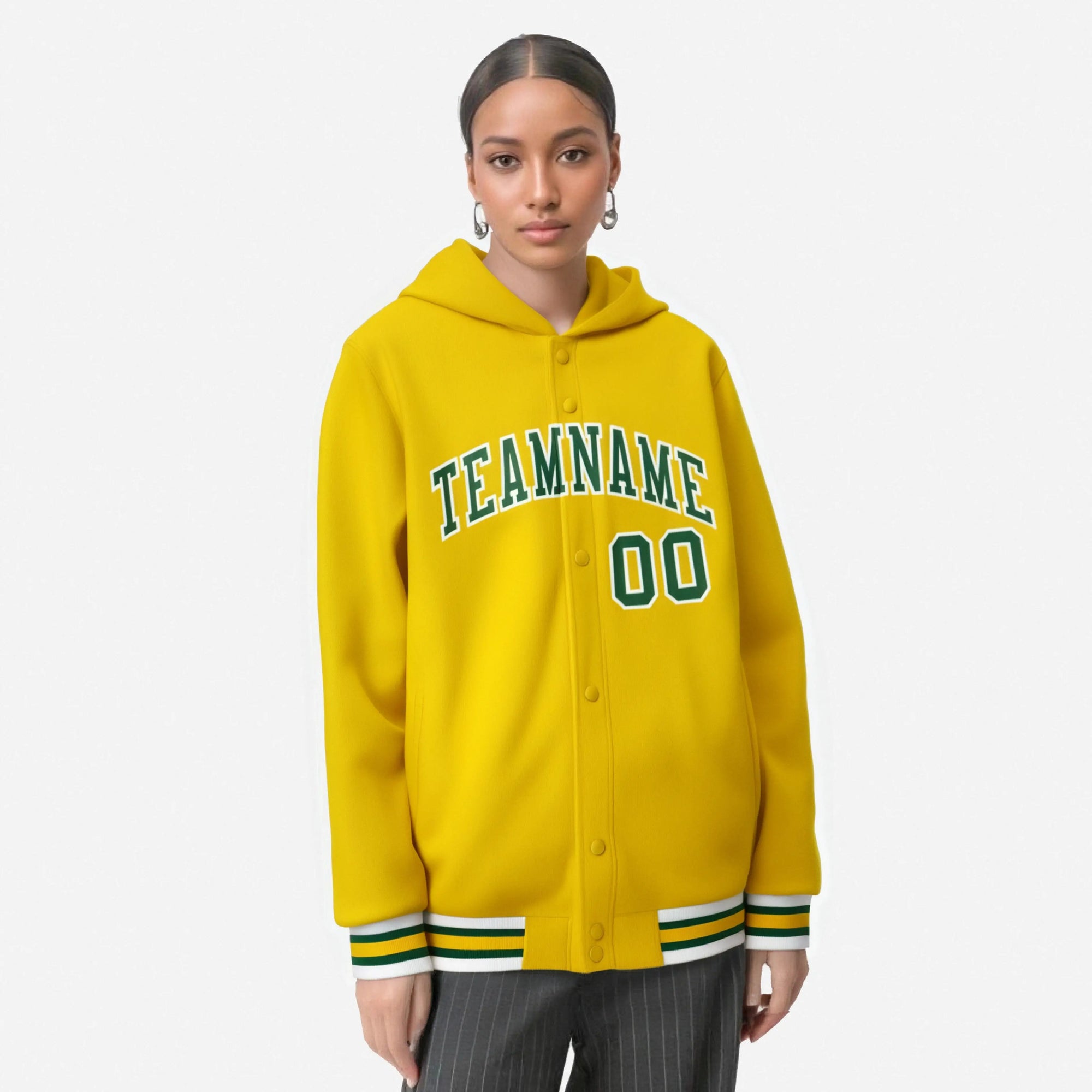 Custom Gold Green-White Varsity Full-Snap Letterman Classic Hoodie Jacket