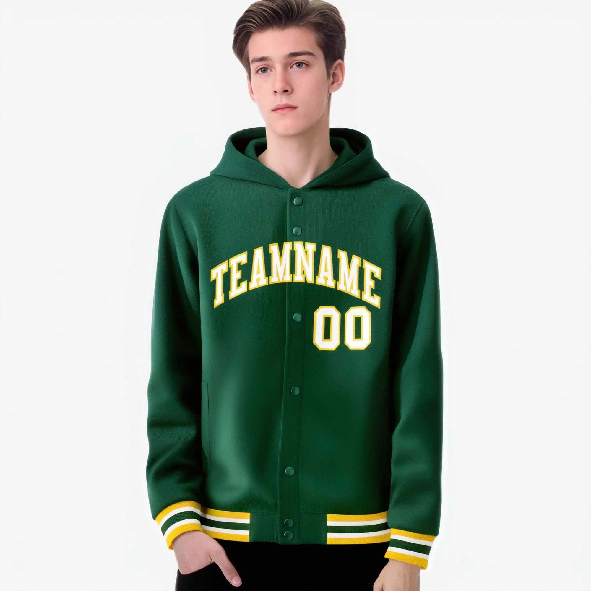 Custom Green White-Gold Varsity Full-Snap Letterman Classic Hoodie Jacket