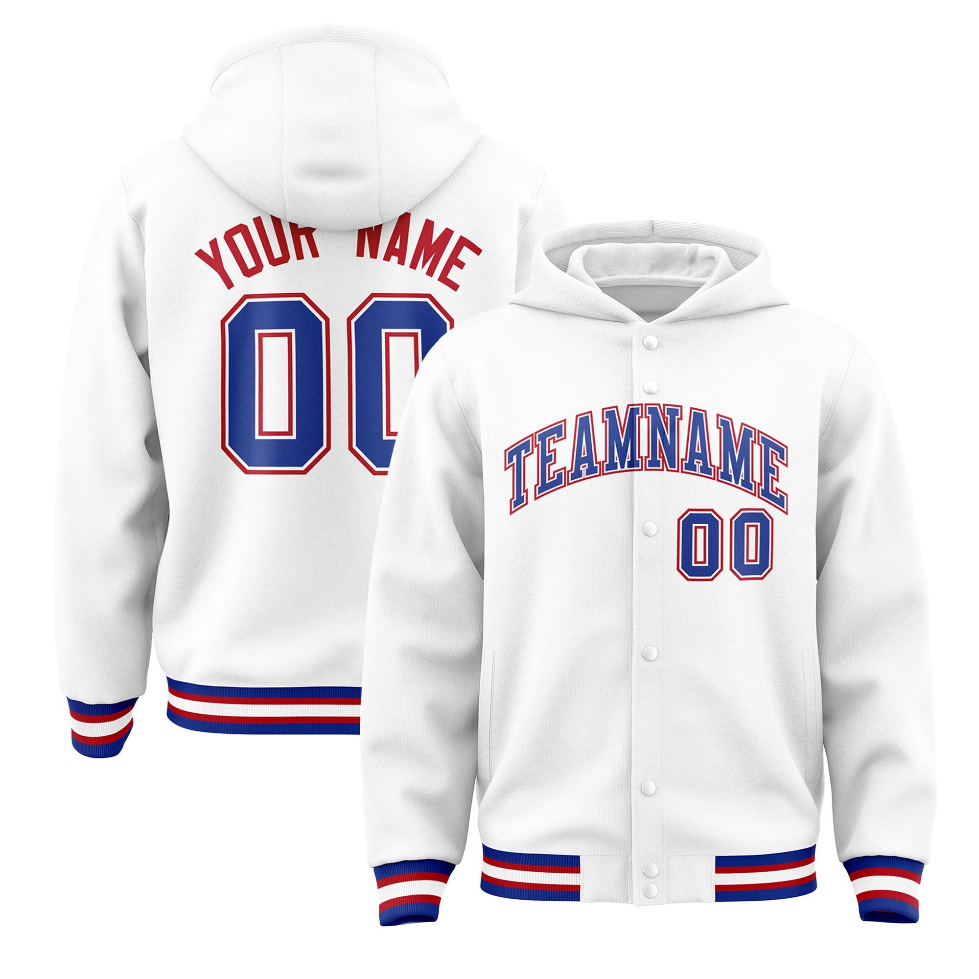 Custom White Royal Blue-Red Varsity Full-Snap Letterman Classic Hoodie Jacket