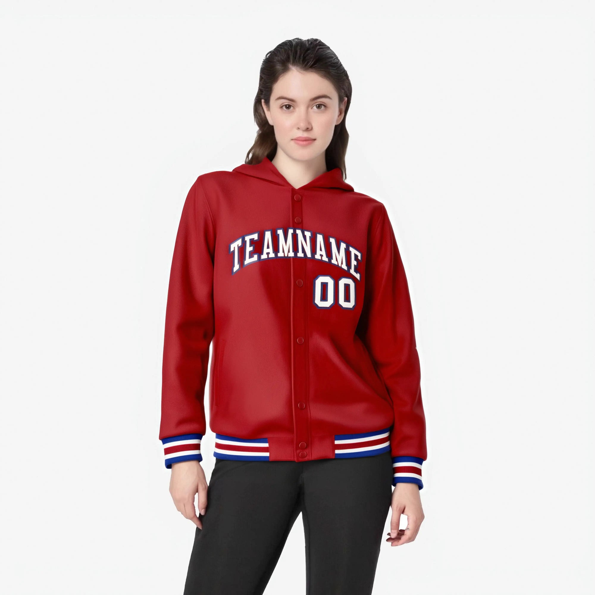 Custom Red White-Black Varsity Full-Snap Letterman Classic Hoodie Jacket