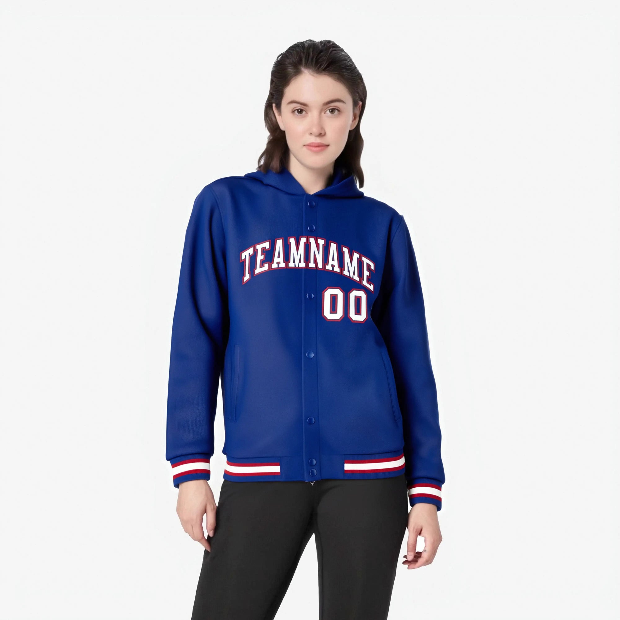 Custom Royal Blue White-Red Varsity Full-Snap Letterman Classic Hoodie Jacket