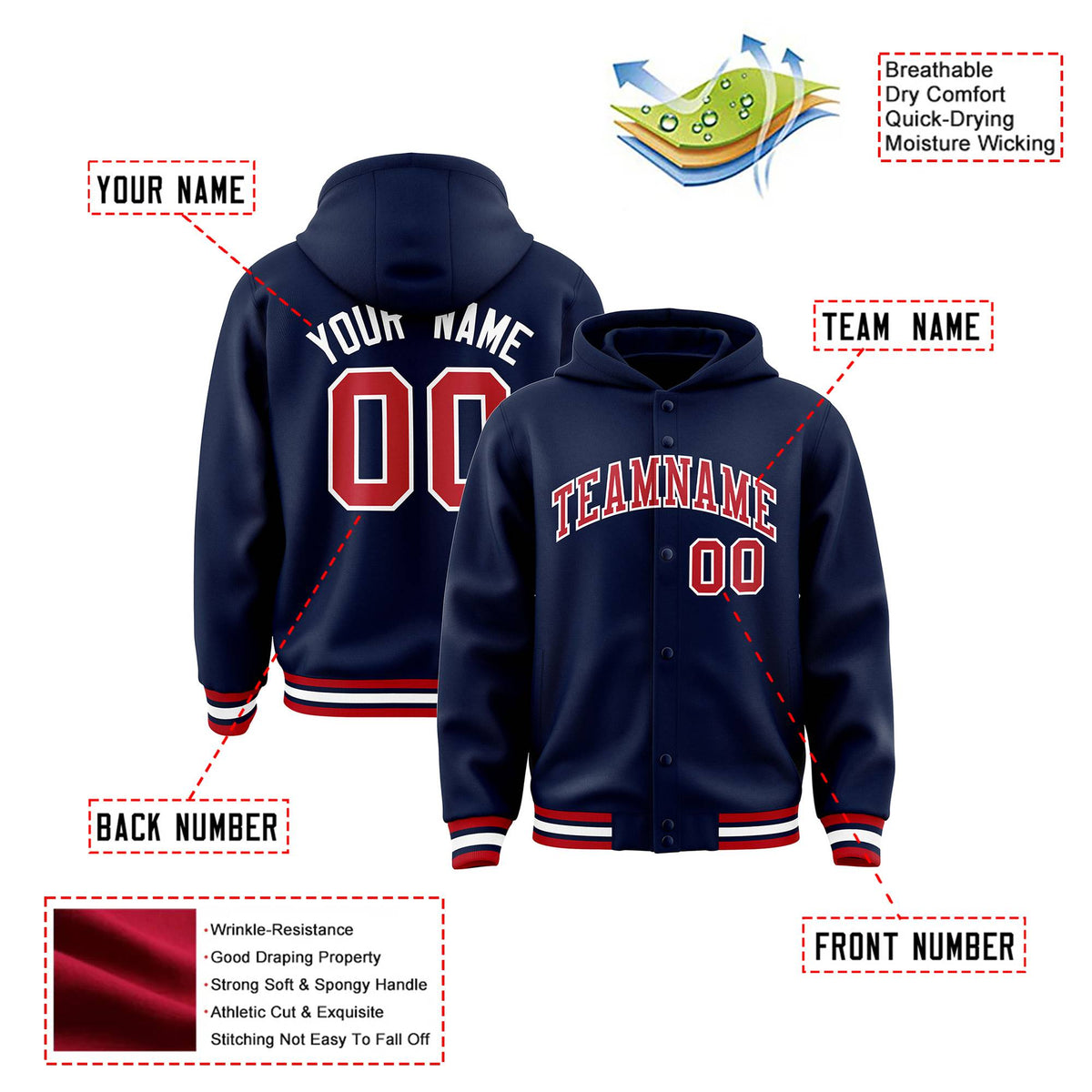 Custom Navy Red-White Varsity Full-Snap Letterman Classic Hoodie Jacket
