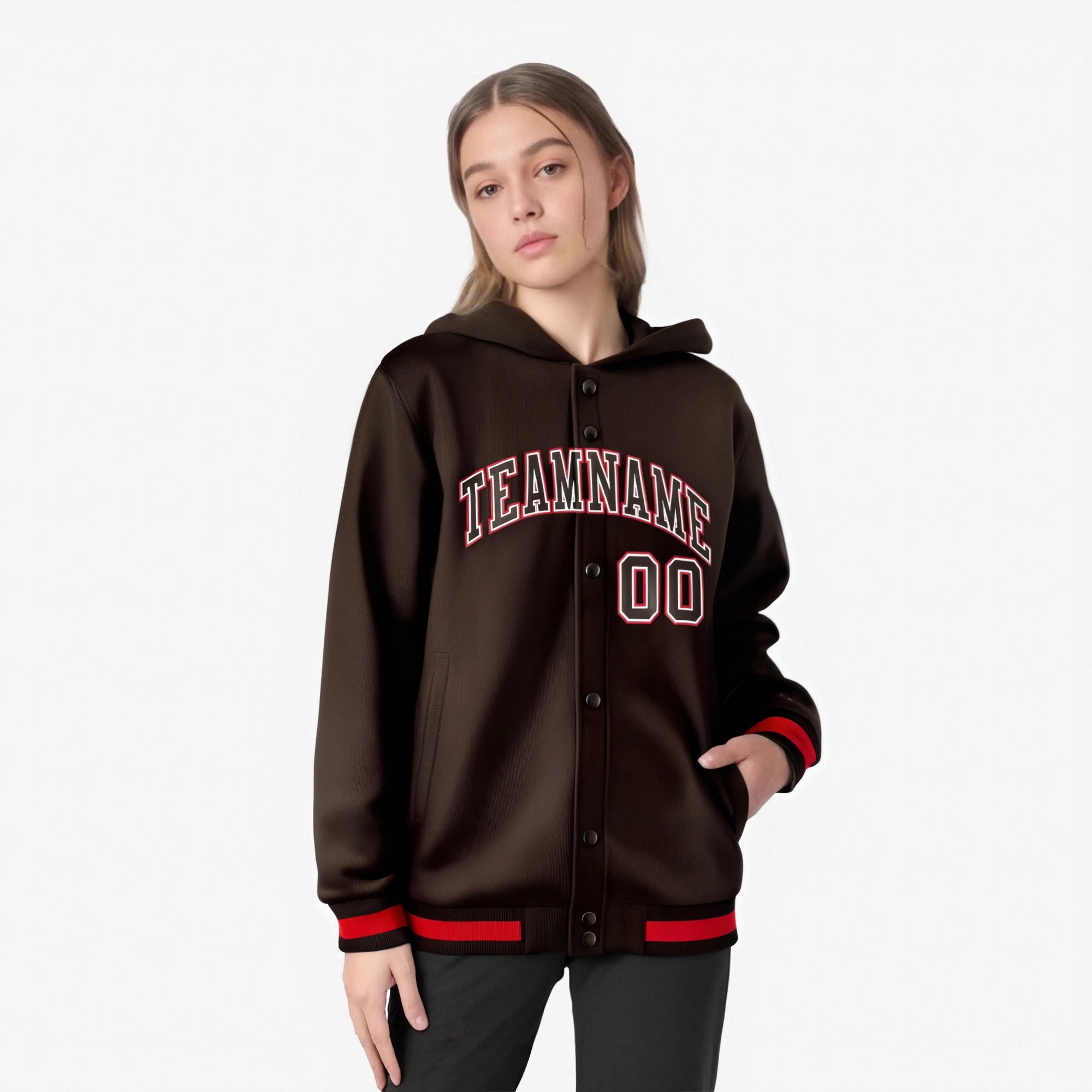 Custom Brown White-Red Varsity Full-Snap Letterman Classic Hoodie Jacket