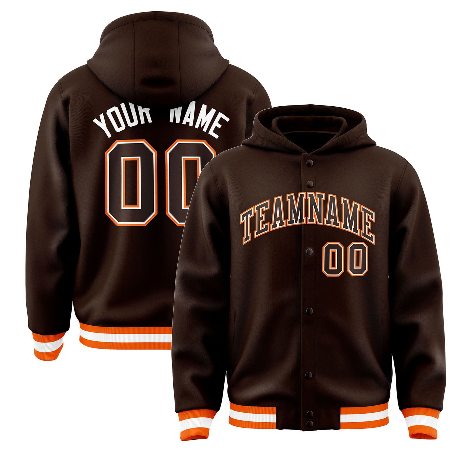 Custom Brown Orange-White Varsity Full-Snap Letterman Classic Hoodie Jacket