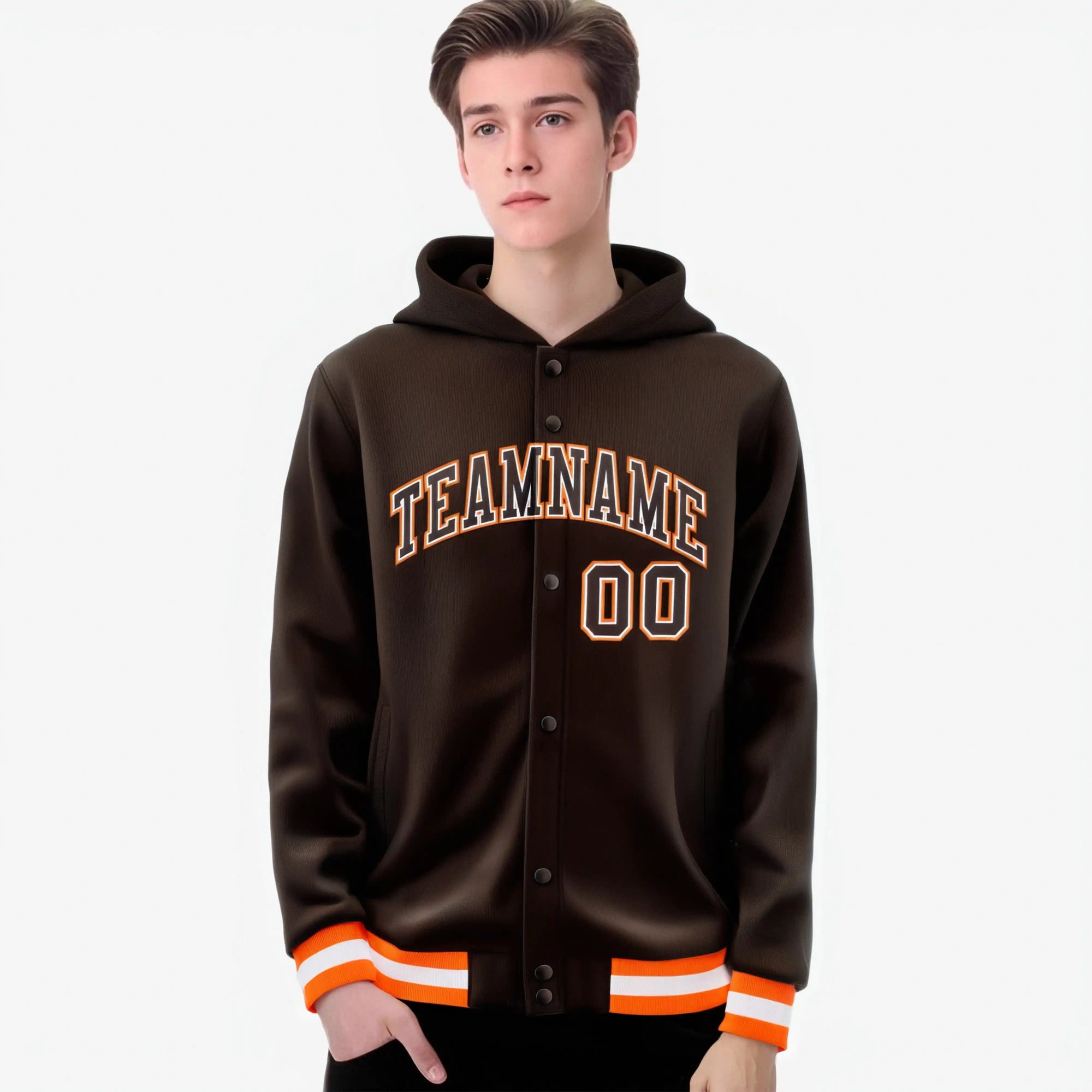 Custom Brown Orange-White Varsity Full-Snap Letterman Classic Hoodie Jacket