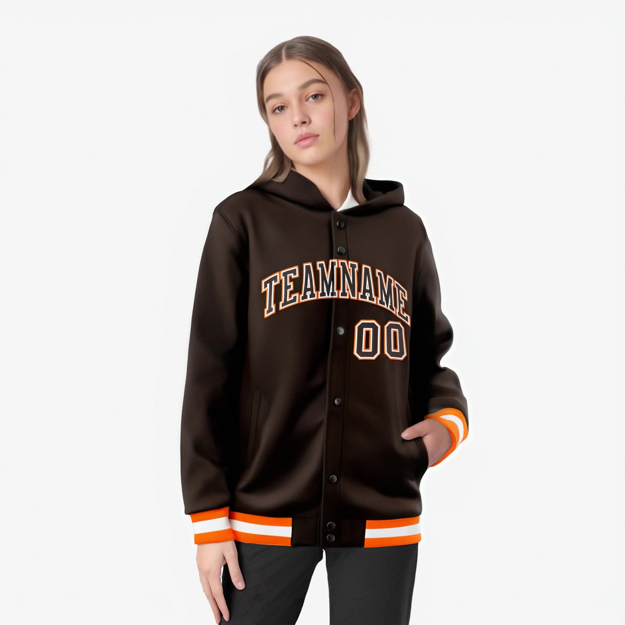 Custom Brown Orange-White Varsity Full-Snap Letterman Classic Hoodie Jacket