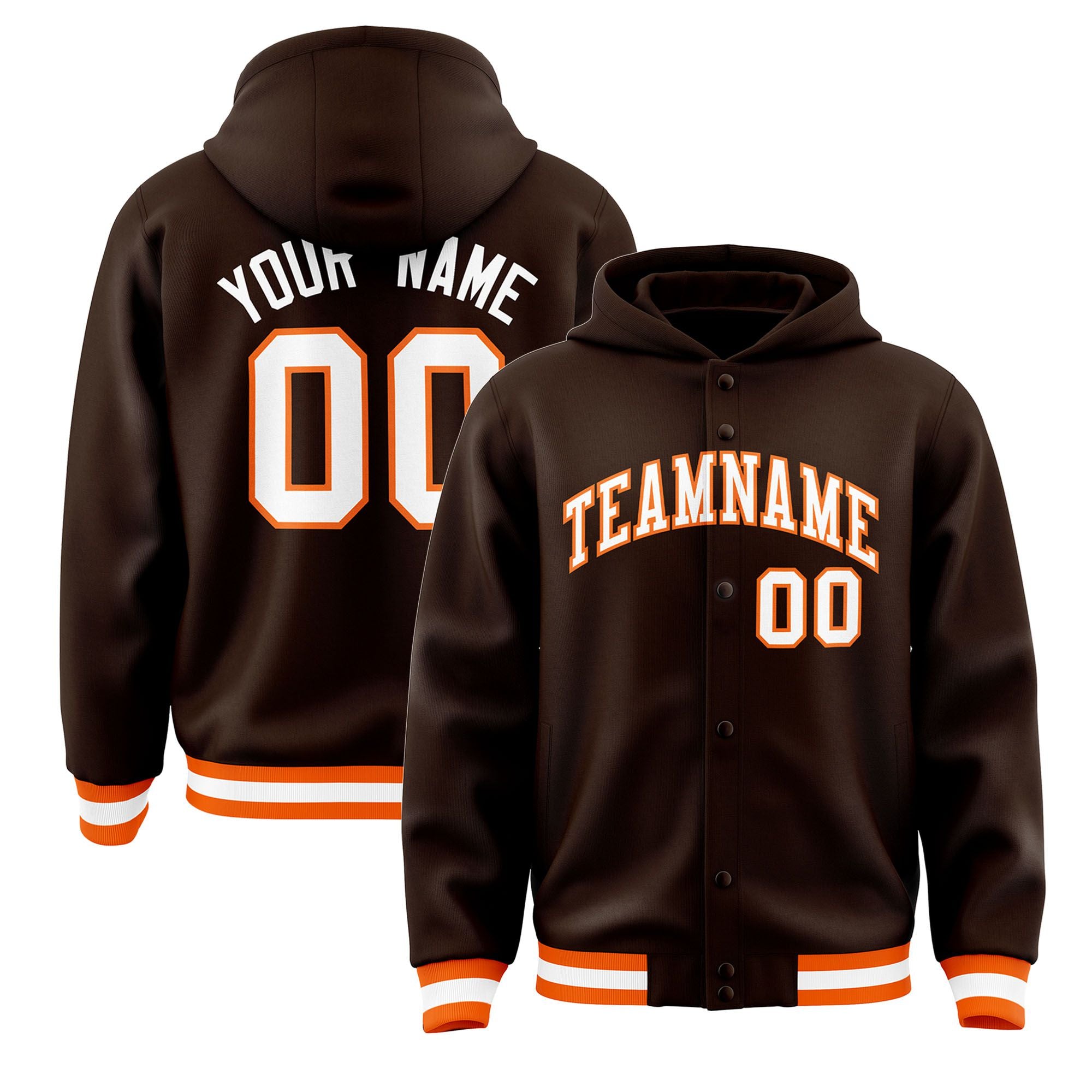 Custom Brown White-Orange Varsity Full-Snap Letterman Classic Hoodie Jacket