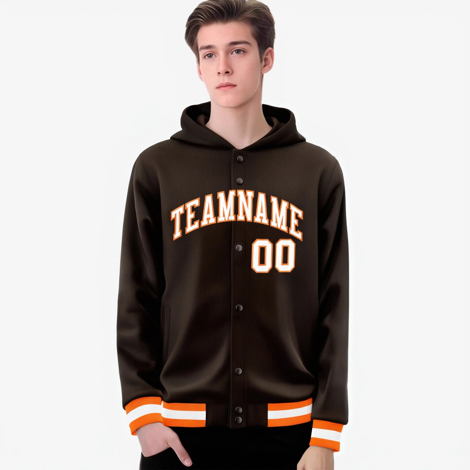 Custom Brown White-Orange Varsity Full-Snap Letterman Classic Hoodie Jacket