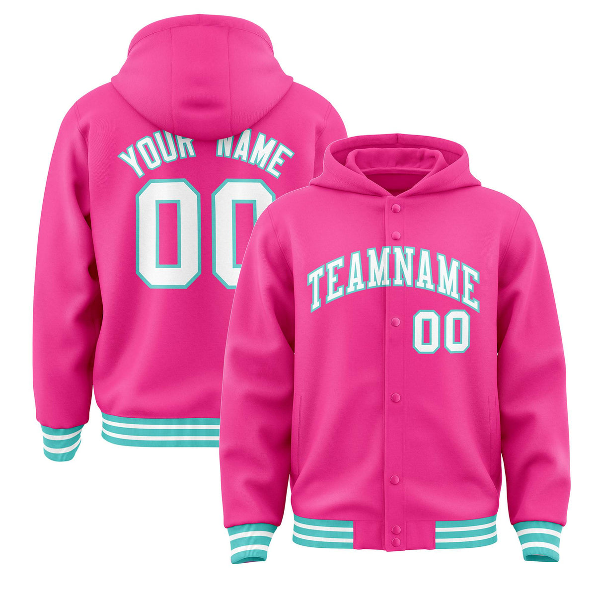 Custom Pink White-Aqua Varsity Full-Snap Letterman Classic Hoodie Jacket