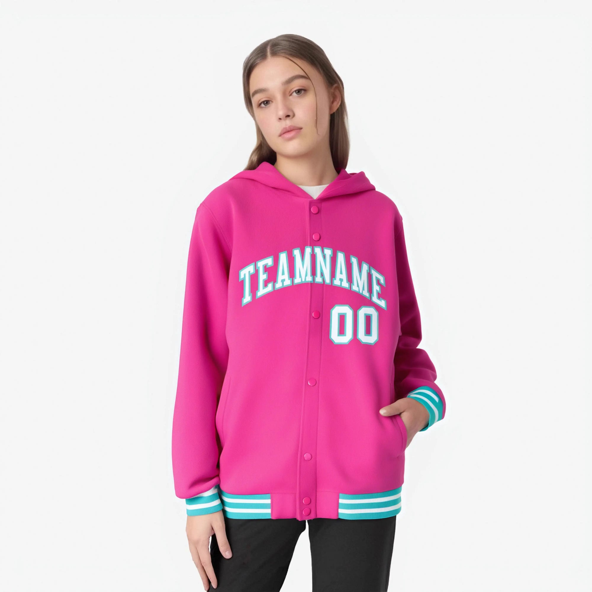 Custom Pink White-Aqua Varsity Full-Snap Letterman Classic Hoodie Jacket