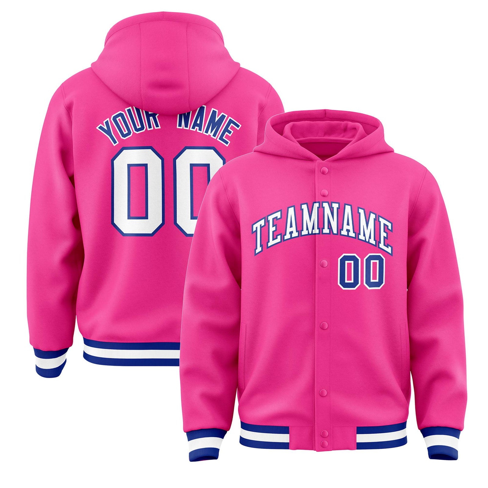 Custom Pink White-Royal Blue Varsity Full-Snap Letterman Classic Hoodie Jacket