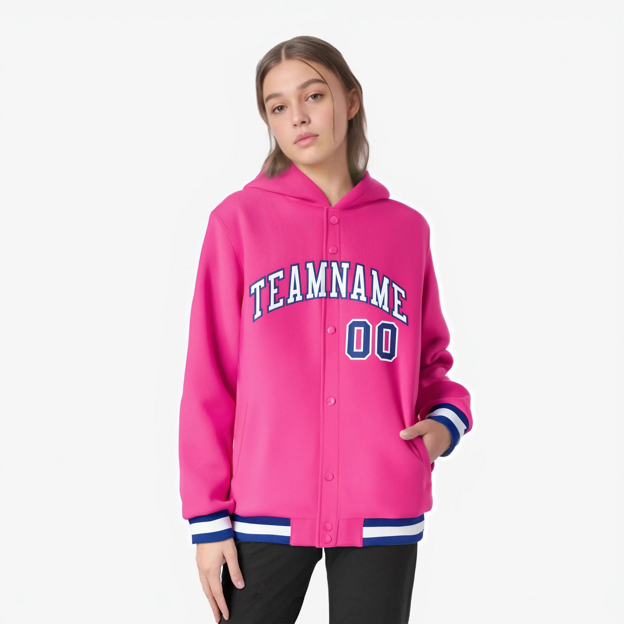 Custom Pink White-Royal Blue Varsity Full-Snap Letterman Classic Hoodie Jacket