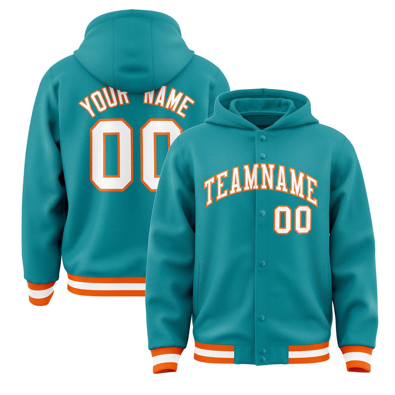 Custom Aqua White-Orange Varsity Full-Snap Letterman Classic Hoodie Jacket