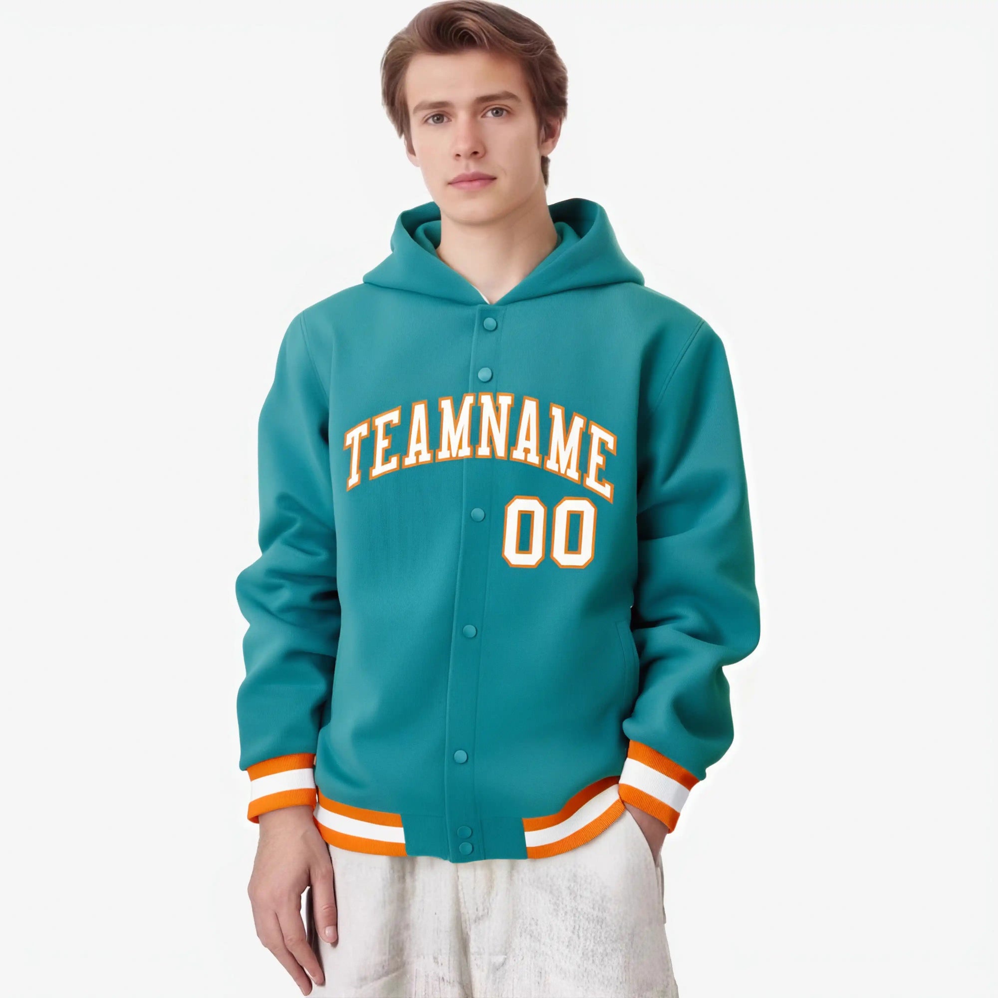 Custom Aqua White-Orange Varsity Full-Snap Letterman Classic Hoodie Jacket