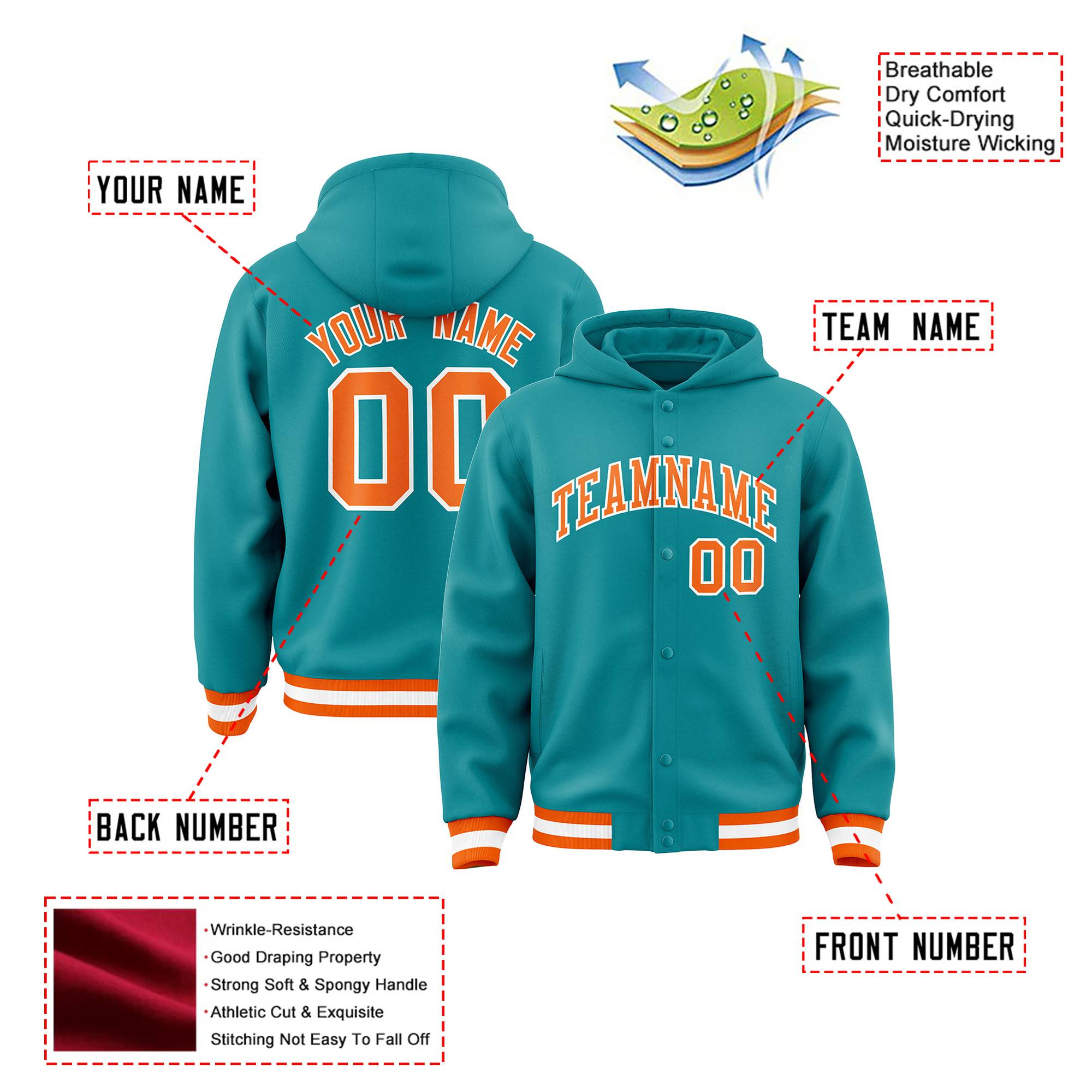 Custom Aqua Orange-White Varsity Full-Snap Letterman Classic Hoodie Jacket