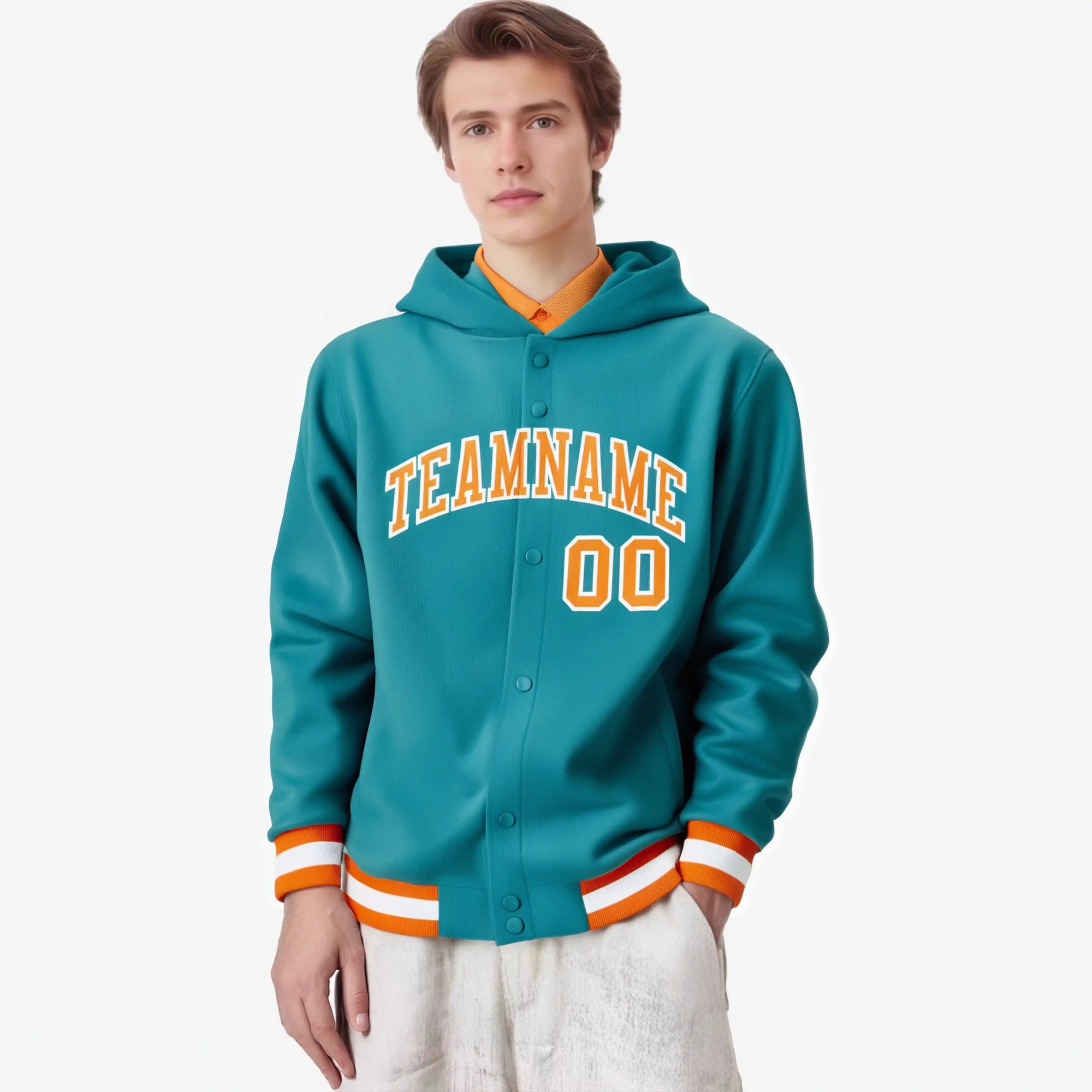 Custom Aqua Orange-White Varsity Full-Snap Letterman Classic Hoodie Jacket