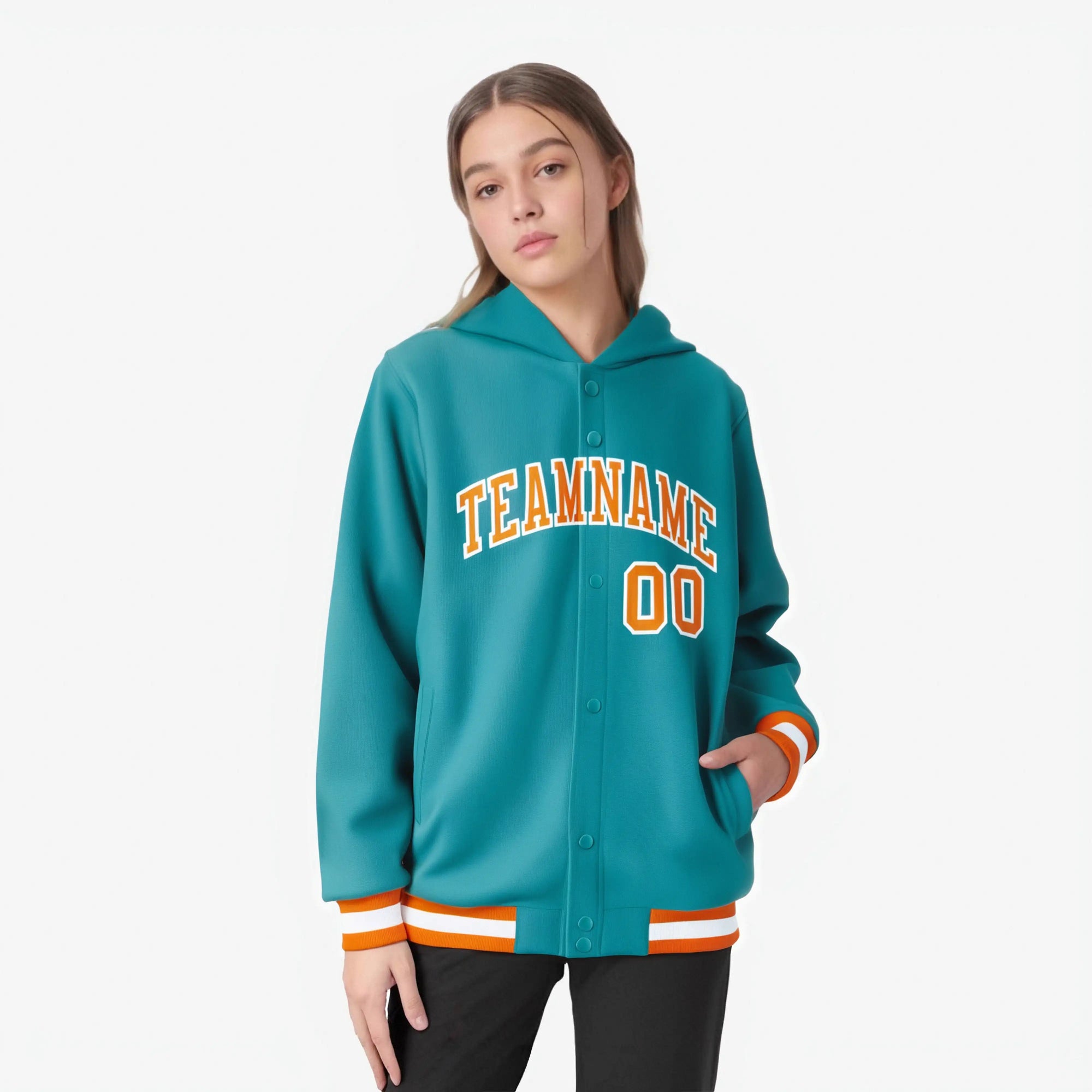 Custom Aqua Orange-White Varsity Full-Snap Letterman Classic Hoodie Jacket