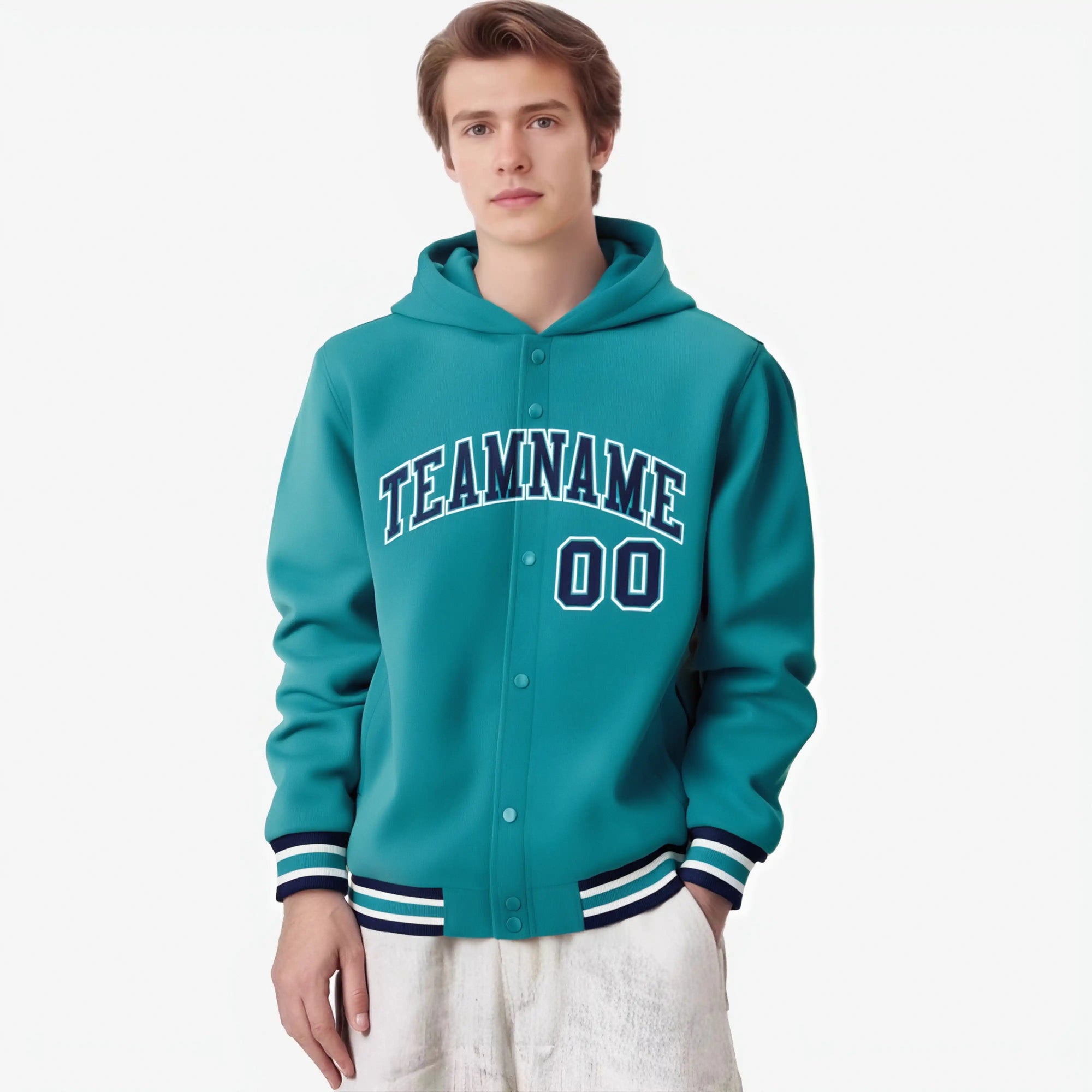 Custom Aqua Navy-White Varsity Full-Snap Letterman Classic Hoodie Jacket