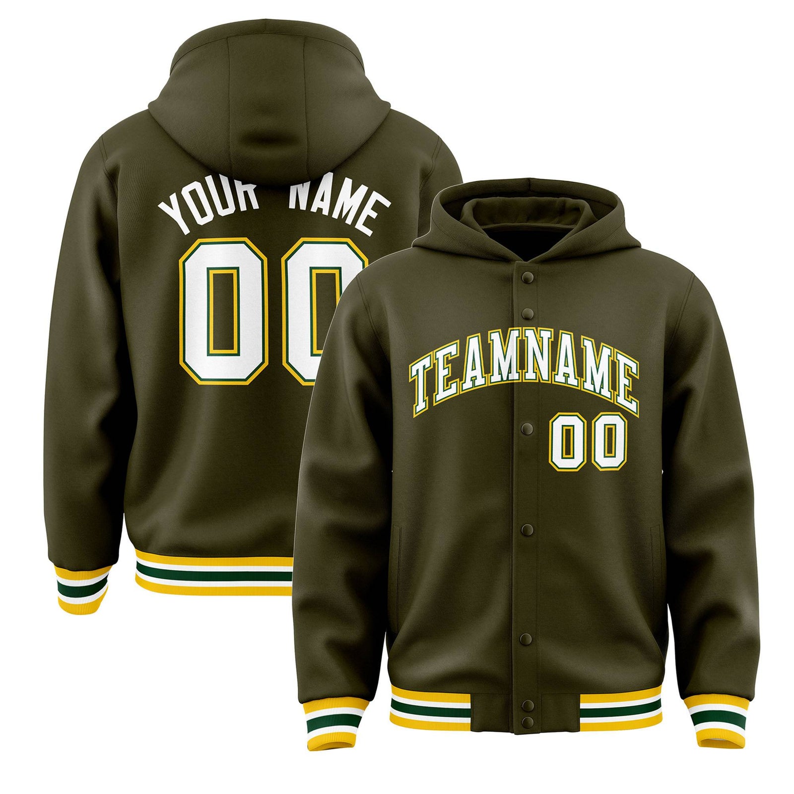 Custom Olive White-Gold Varsity Full-Snap Letterman Classic Hoodie Jacket