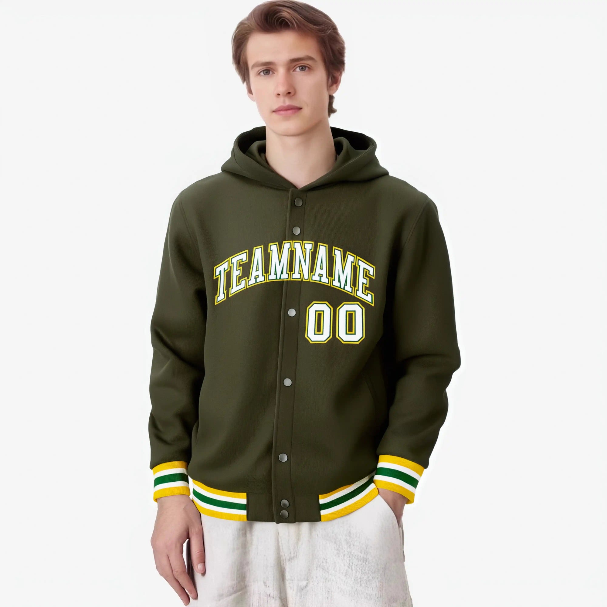 Custom Olive White-Gold Varsity Full-Snap Letterman Classic Hoodie Jacket