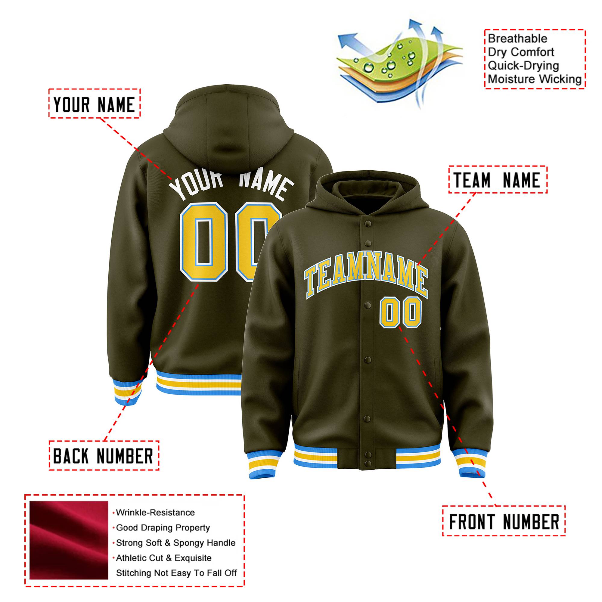 Custom Olive Gold-White Varsity Full-Snap Letterman Classic Hoodie Jacket