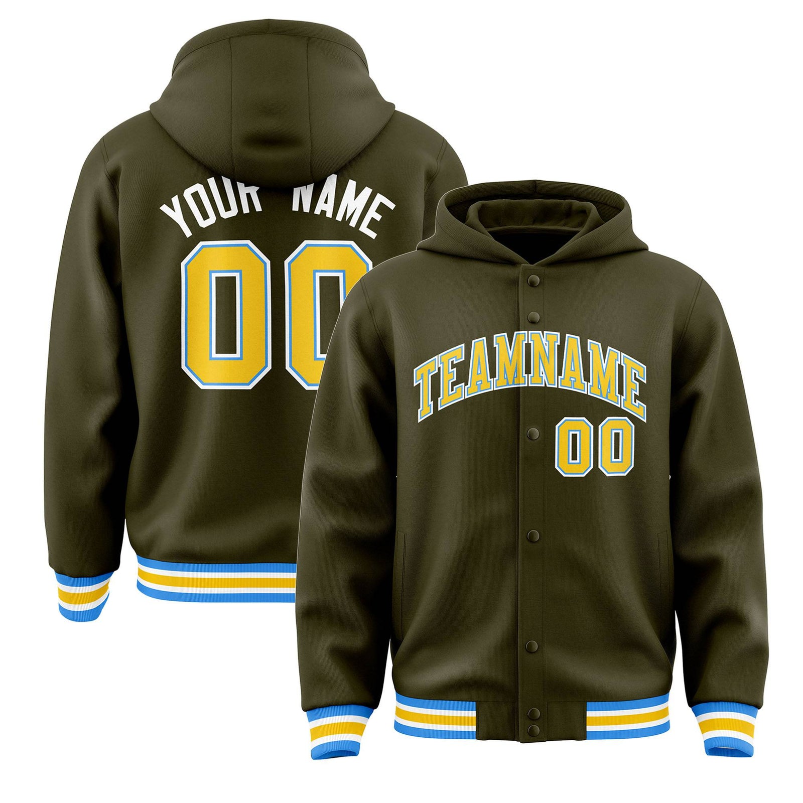 Custom Olive Gold-White Varsity Full-Snap Letterman Classic Hoodie Jacket