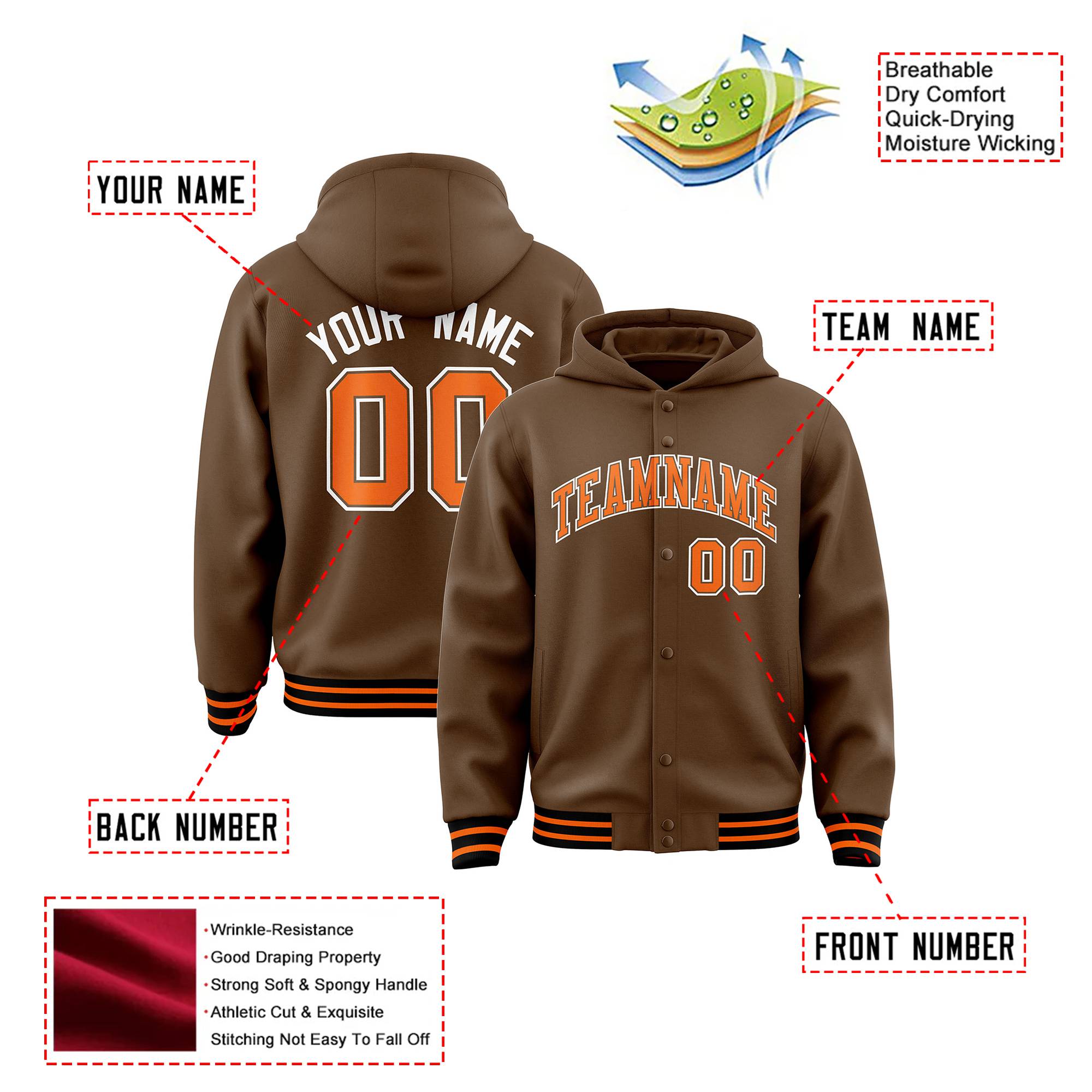 Custom Brown Orange-White Varsity Full-Snap Letterman Classic Hoodie Jacket