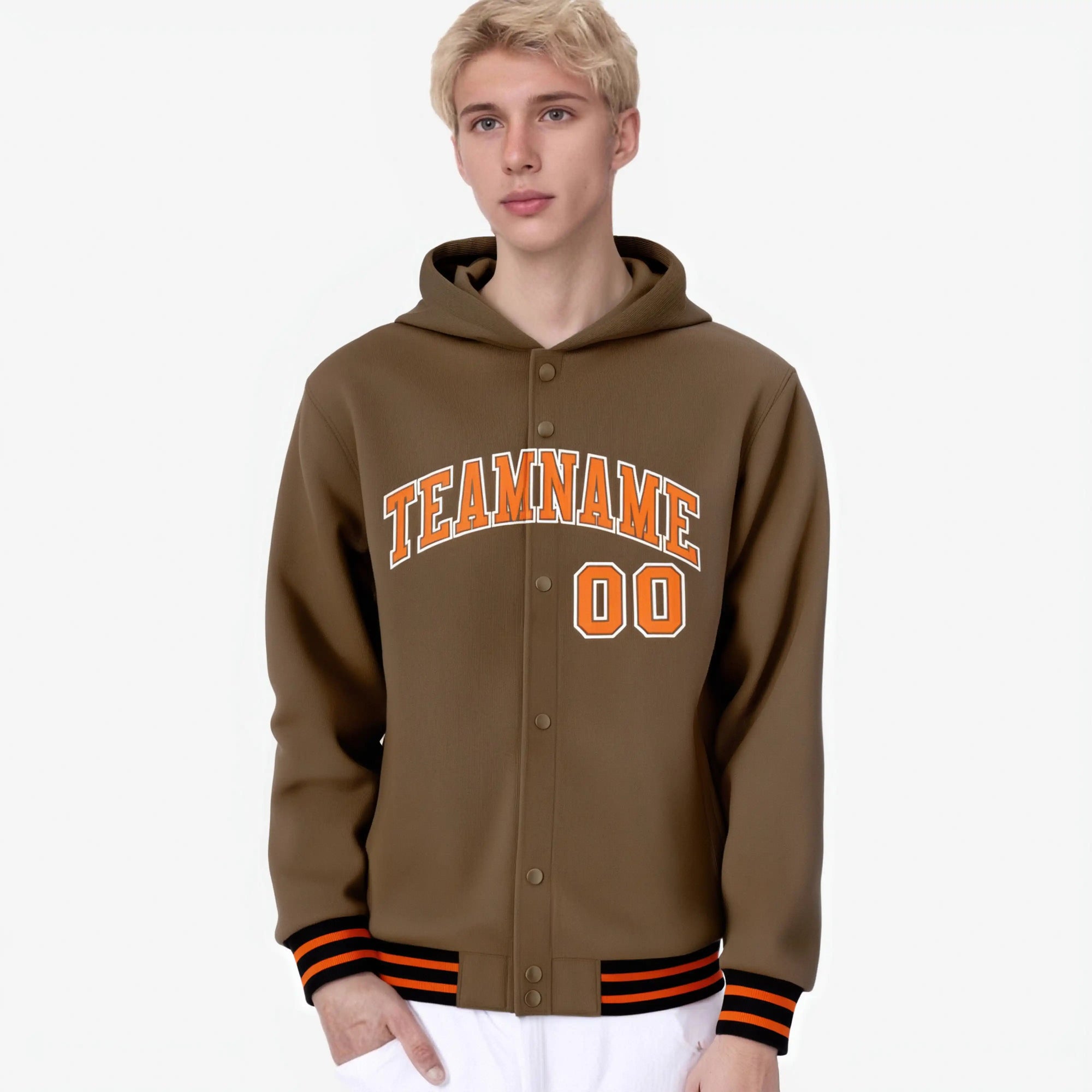 Custom Brown Orange-White Varsity Full-Snap Letterman Classic Hoodie Jacket