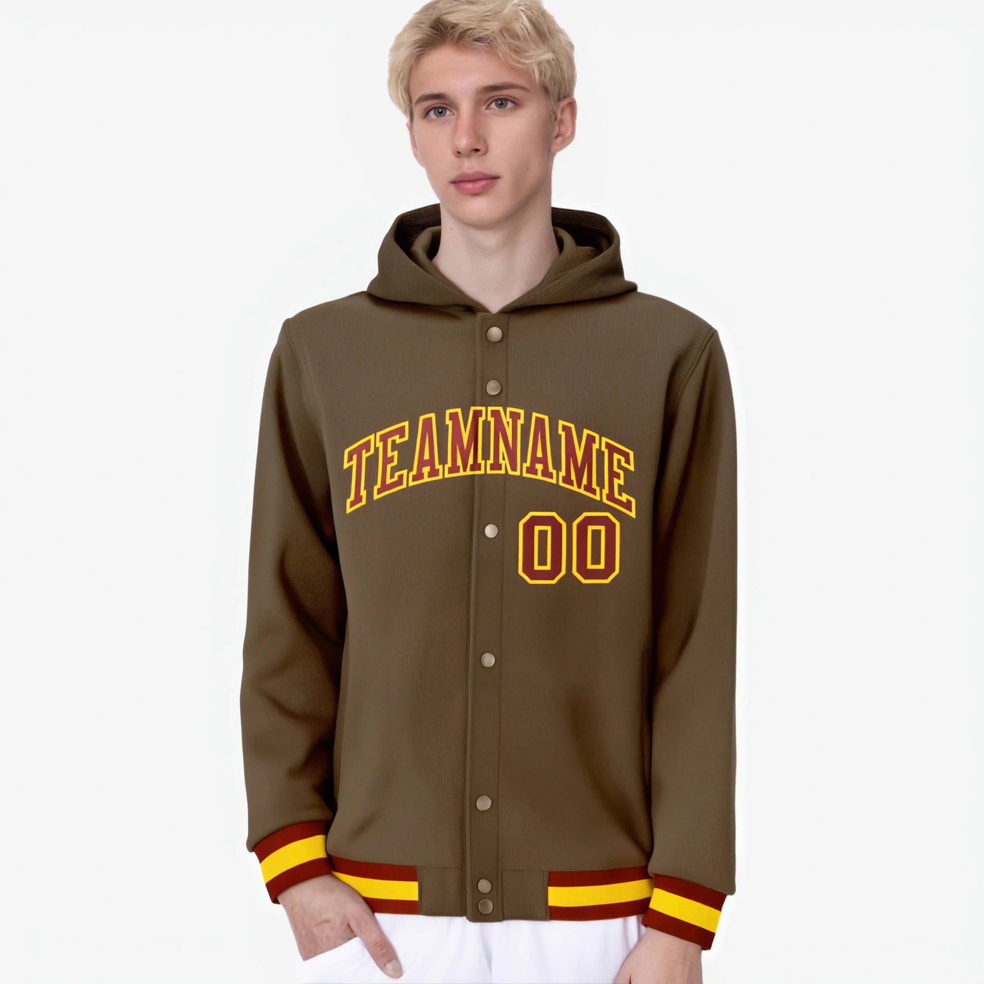 Custom Brown Crimson-Gold Varsity Full-Snap Letterman Classic Hoodie Jacket