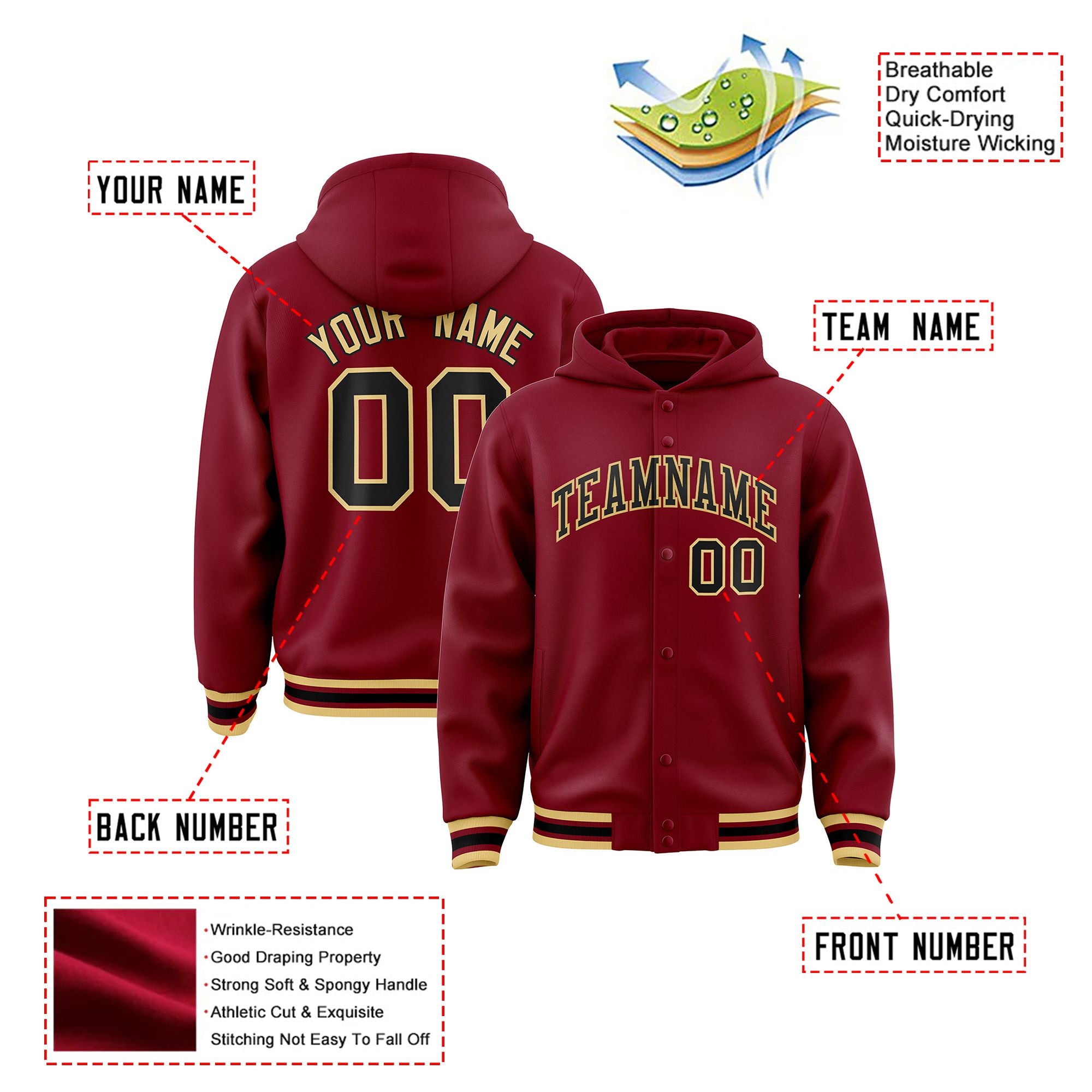 Custom Crimson Black-Old Gold Varsity Full-Snap Letterman Classic Hoodie Jacket