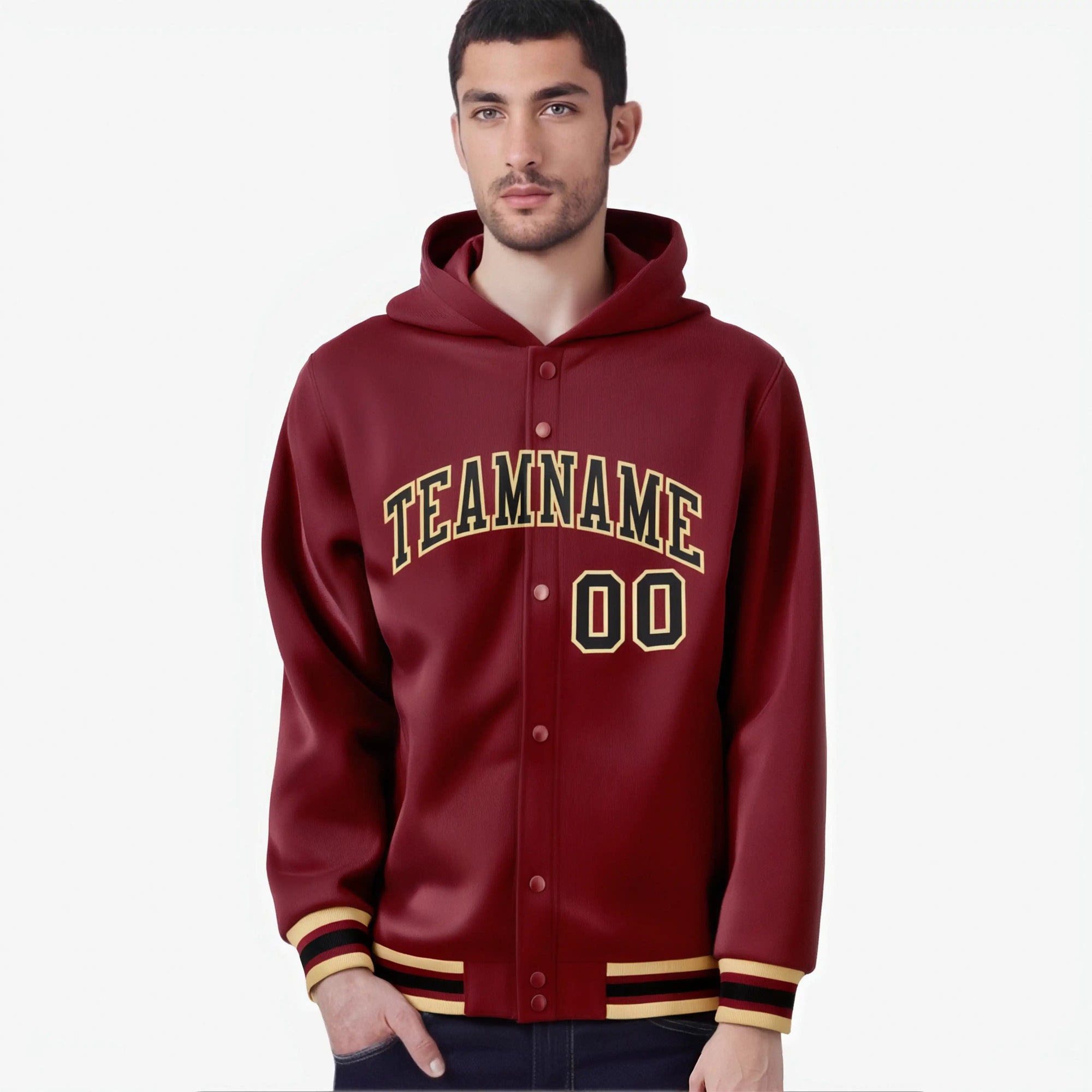 Custom Crimson Black-Old Gold Varsity Full-Snap Letterman Classic Hoodie Jacket