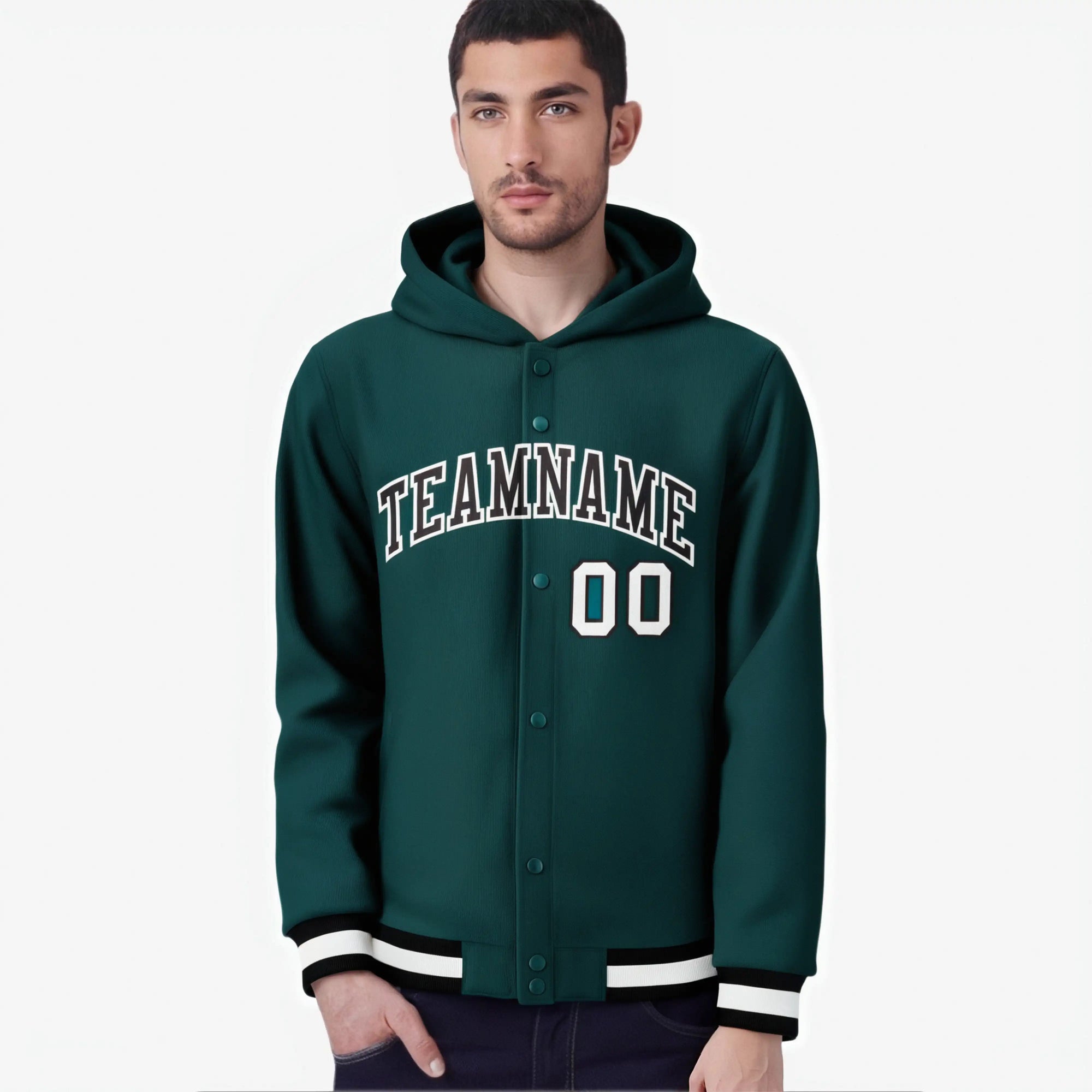 Custom Green Black-White Varsity Full-Snap Letterman Classic Hoodie Jacket