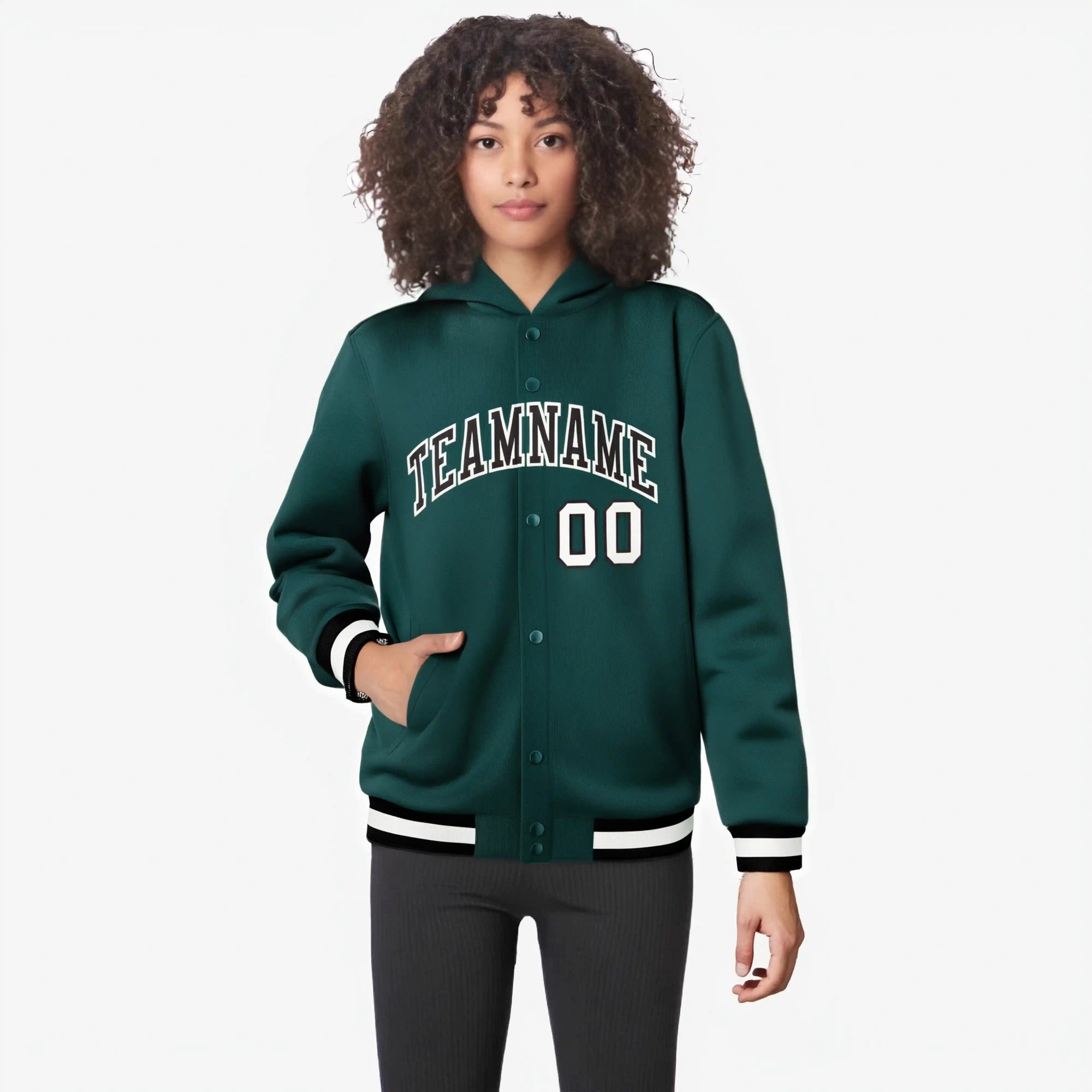 Custom Green Black-White Varsity Full-Snap Letterman Classic Hoodie Jacket