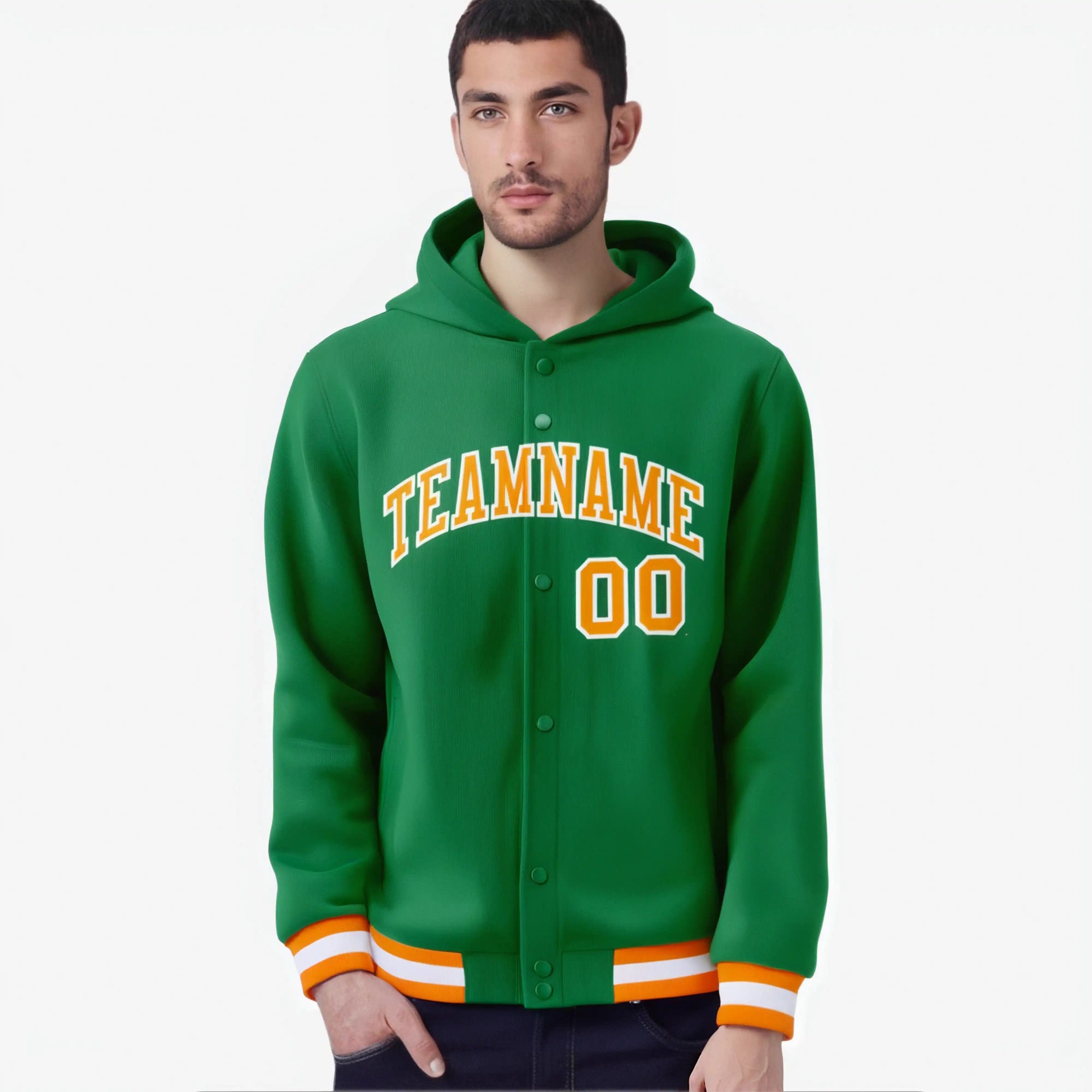 Custom Kelly Green Orange-White Varsity Full-Snap Letterman Classic Hoodie Jacket