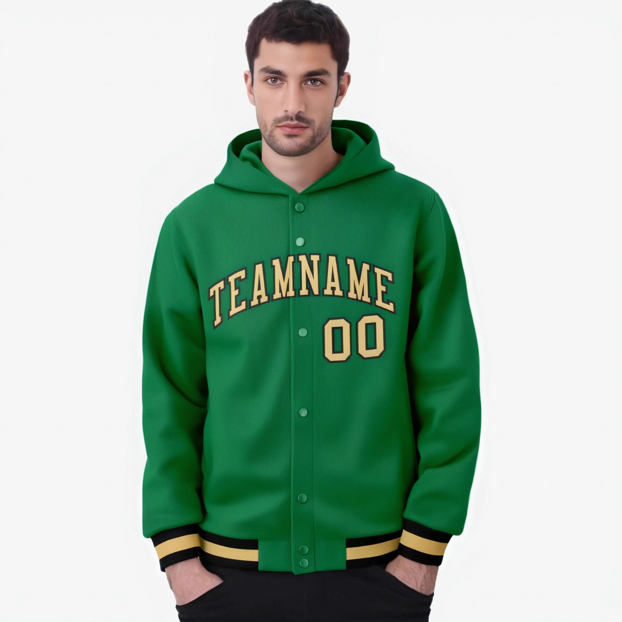 Custom Kelly Green Old Gold-Black Varsity Full-Snap Letterman Classic Hoodie Jacket