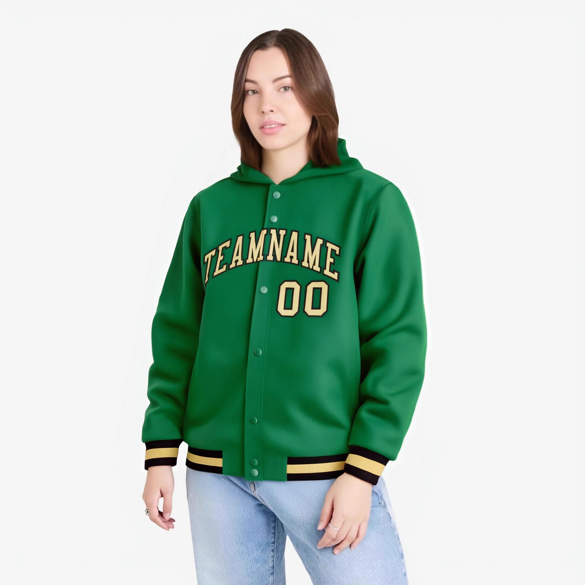 Custom Kelly Green Old Gold-Black Varsity Full-Snap Letterman Classic Hoodie Jacket